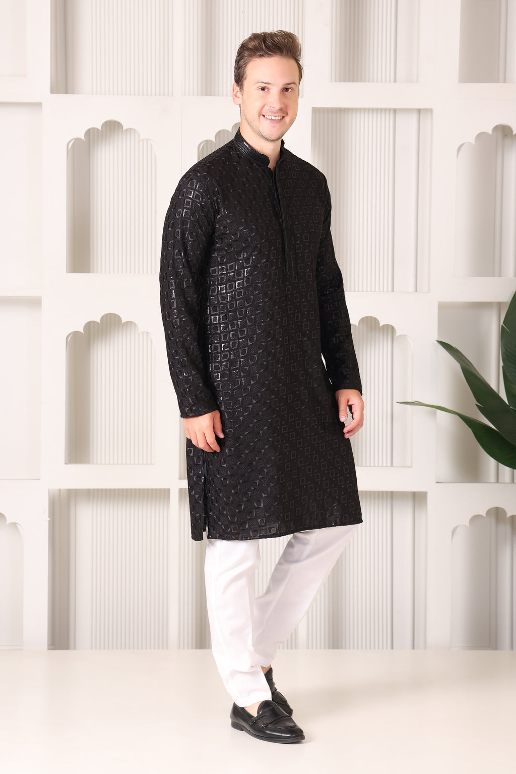 Black Ikat Textured Kurta with White Pajama Set