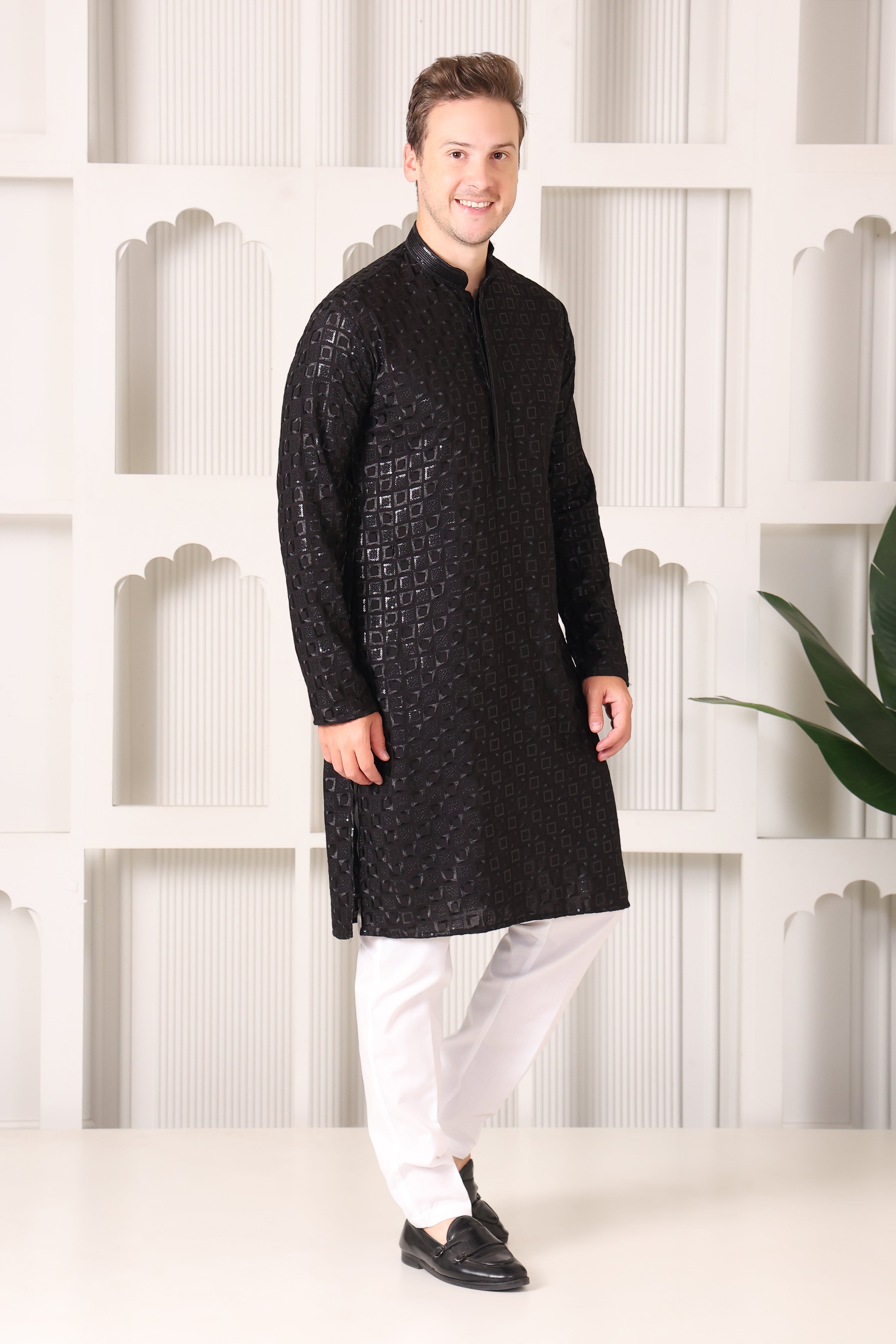 Black Ikat Textured Kurta with White Pajama Set