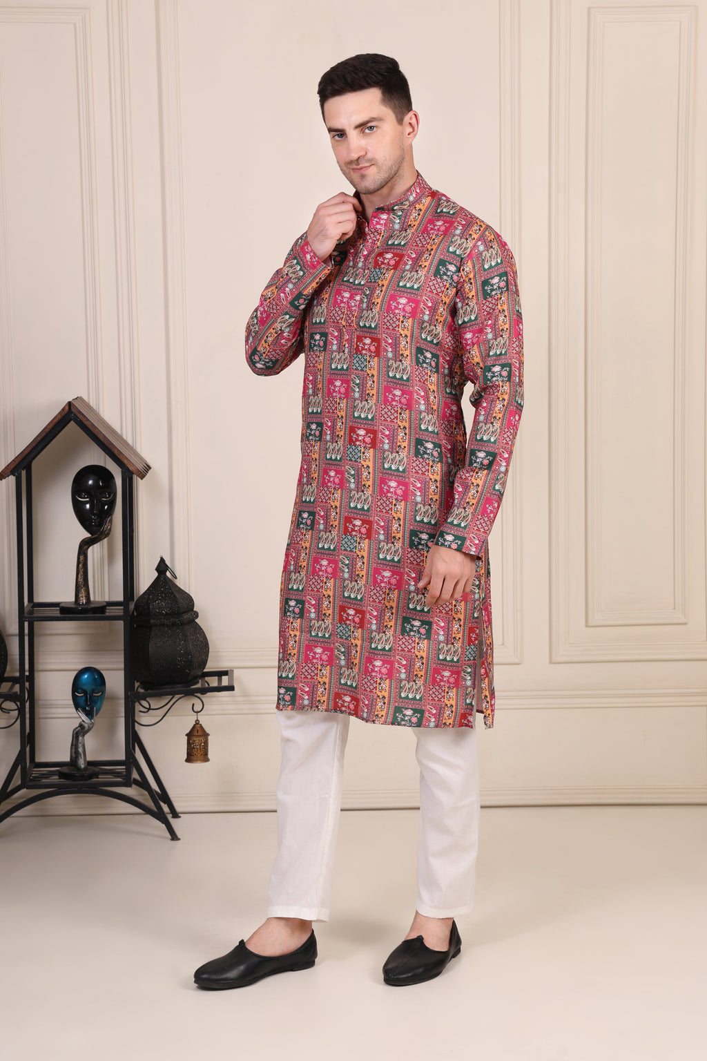 Multicolor Patchwork Printed Cotton Kurta Set with White Pajama