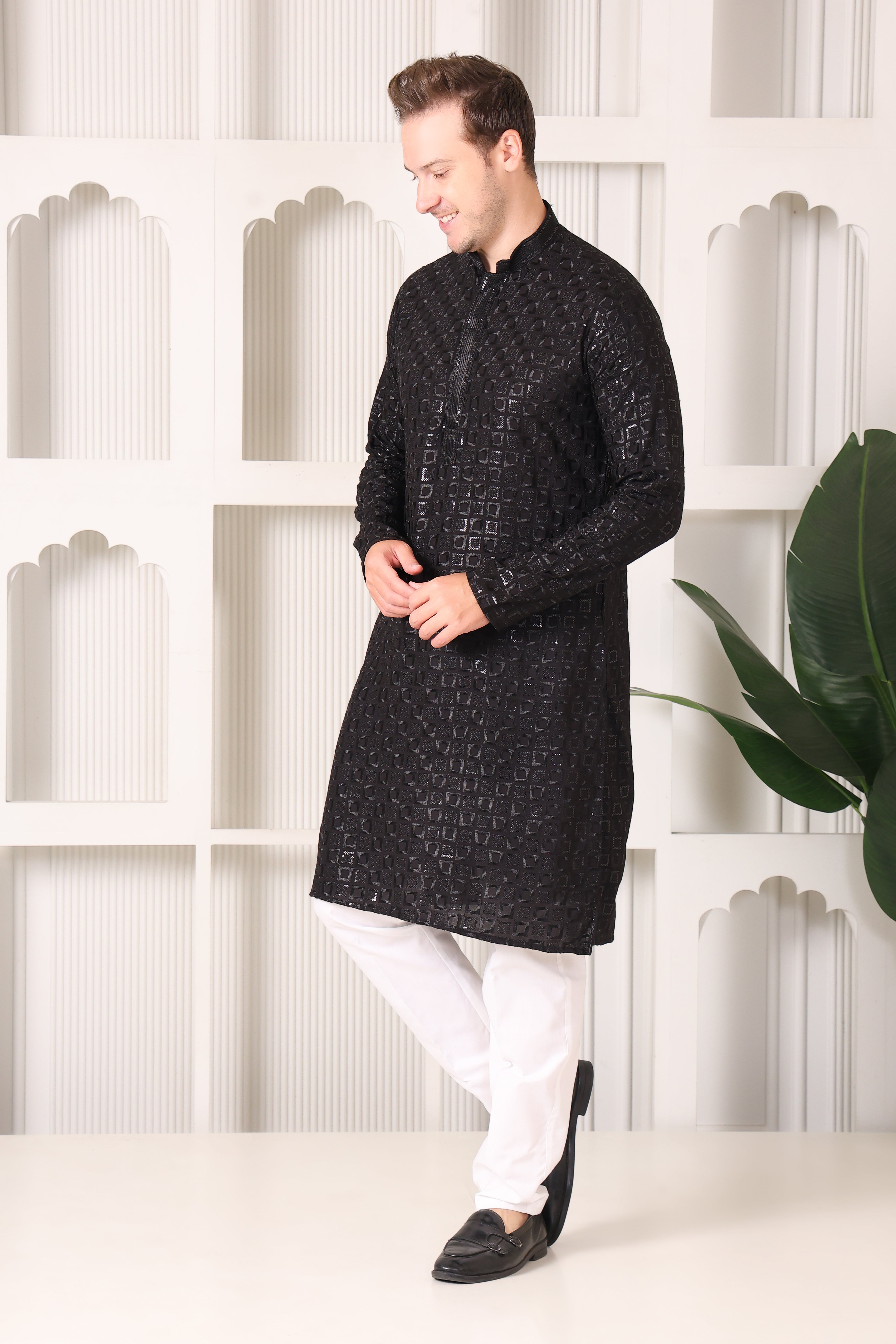 Black Ikat Textured Kurta with White Pajama Set
