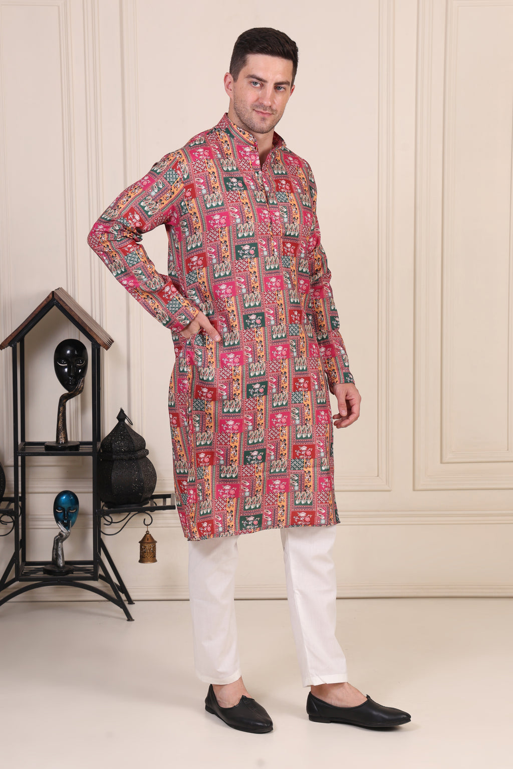 Multicolor Patchwork Printed Cotton Kurta Set with White Pajama