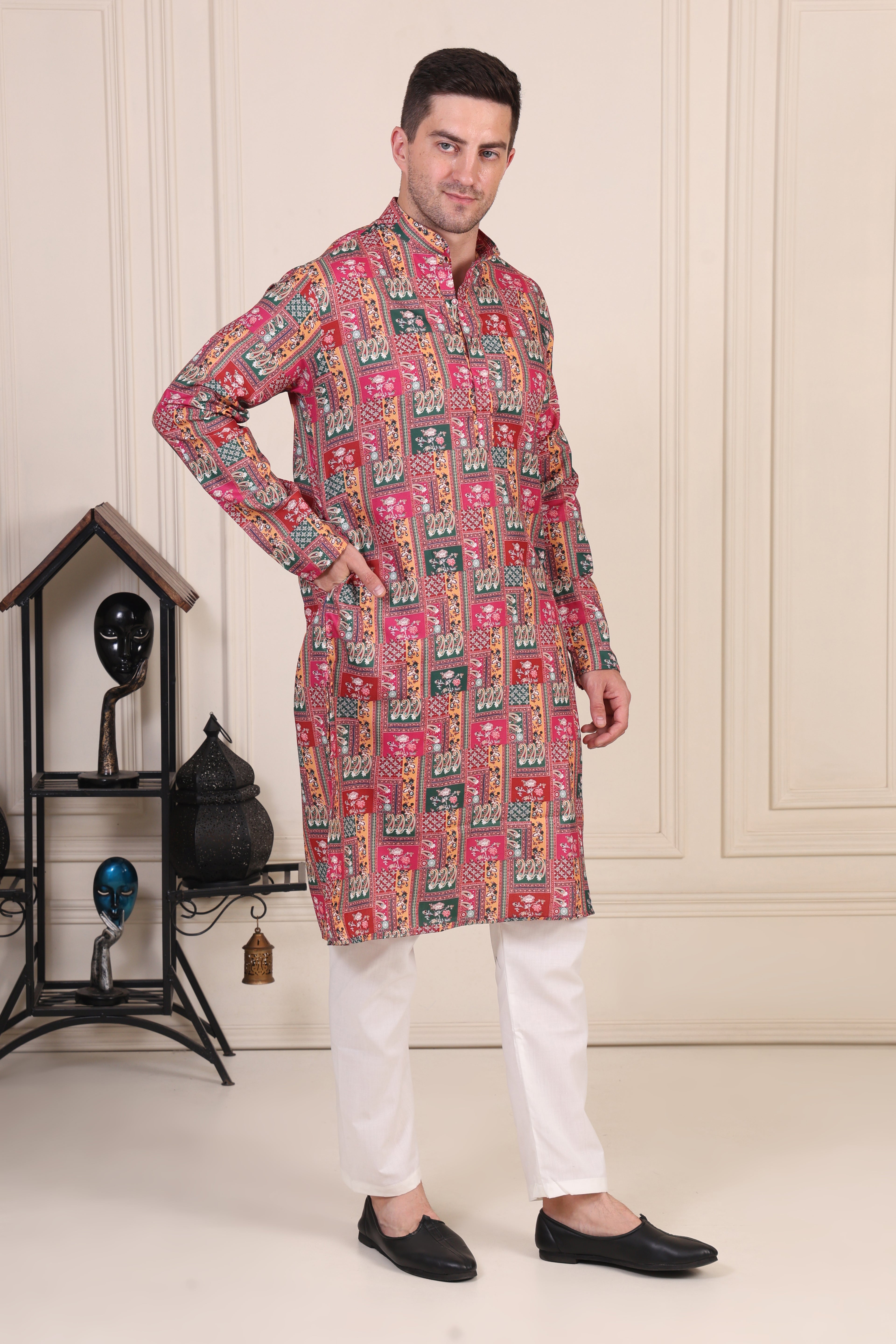 Multicolor Patchwork Printed Cotton Kurta Set with White Pajama