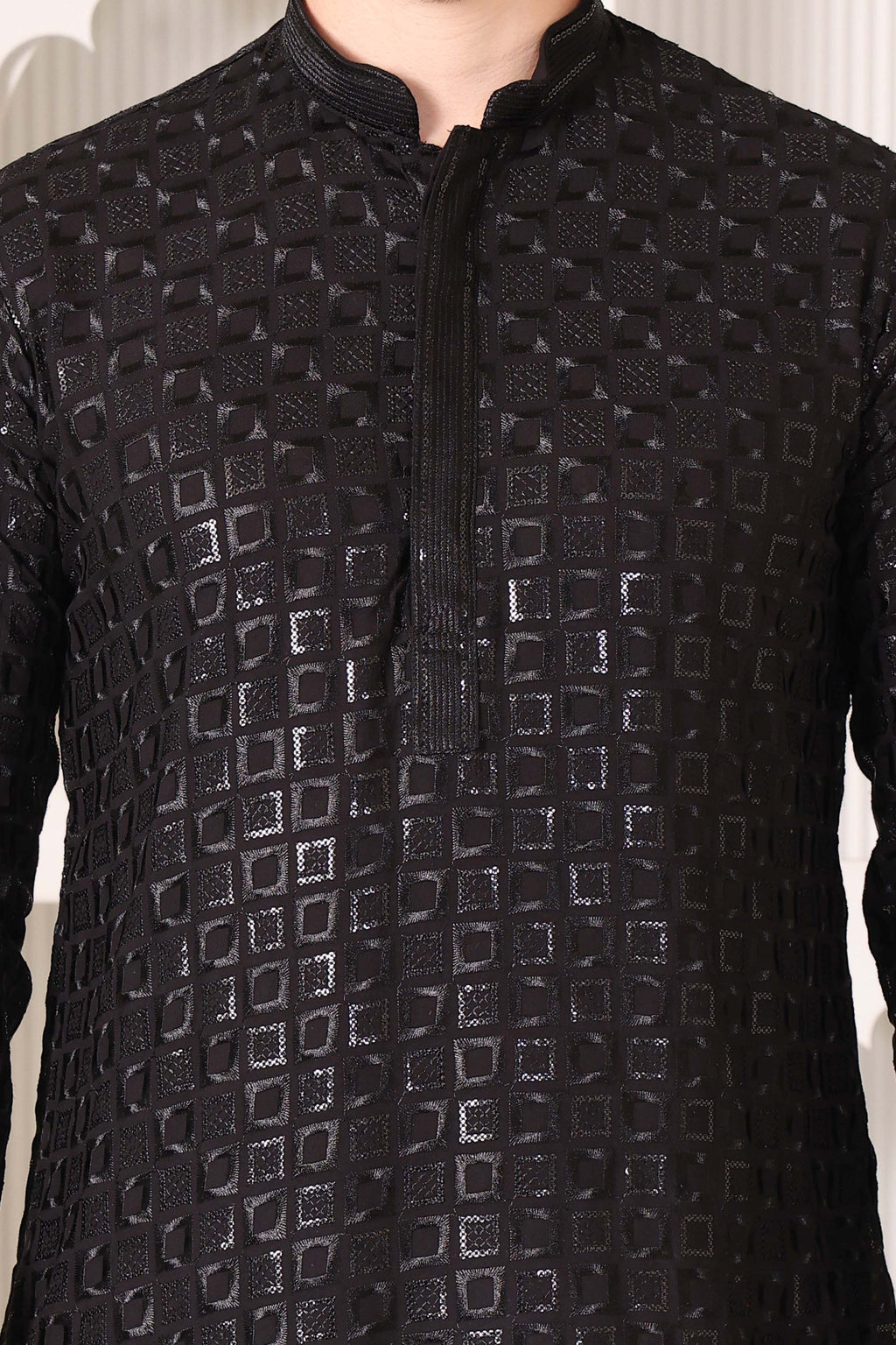 Black Ikat Textured Kurta with White Pajama Set