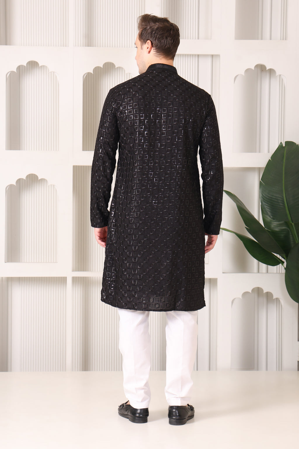 Black Ikat Textured Kurta with White Pajama Set