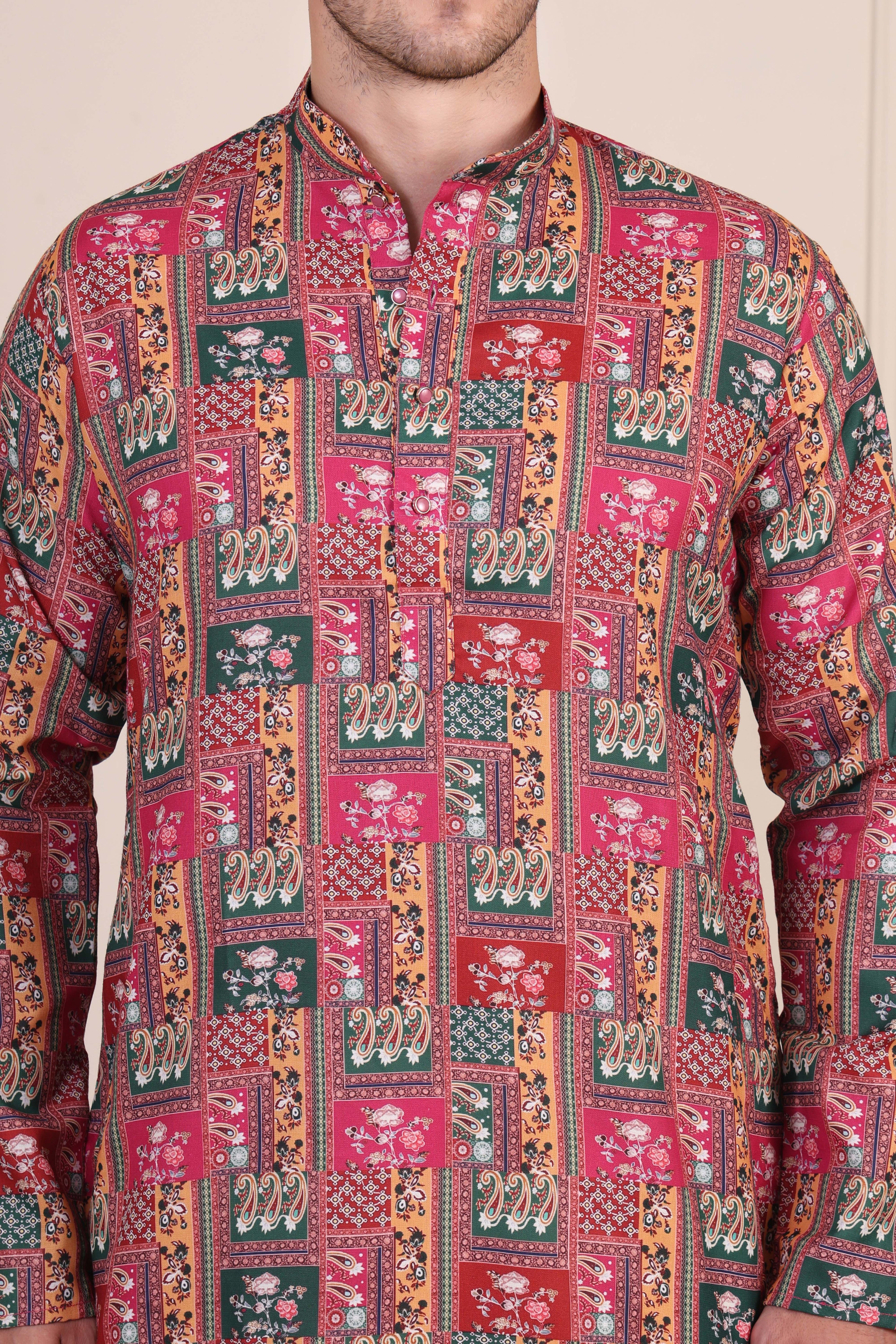 Multicolor Patchwork Printed Cotton Kurta Set with White Pajama