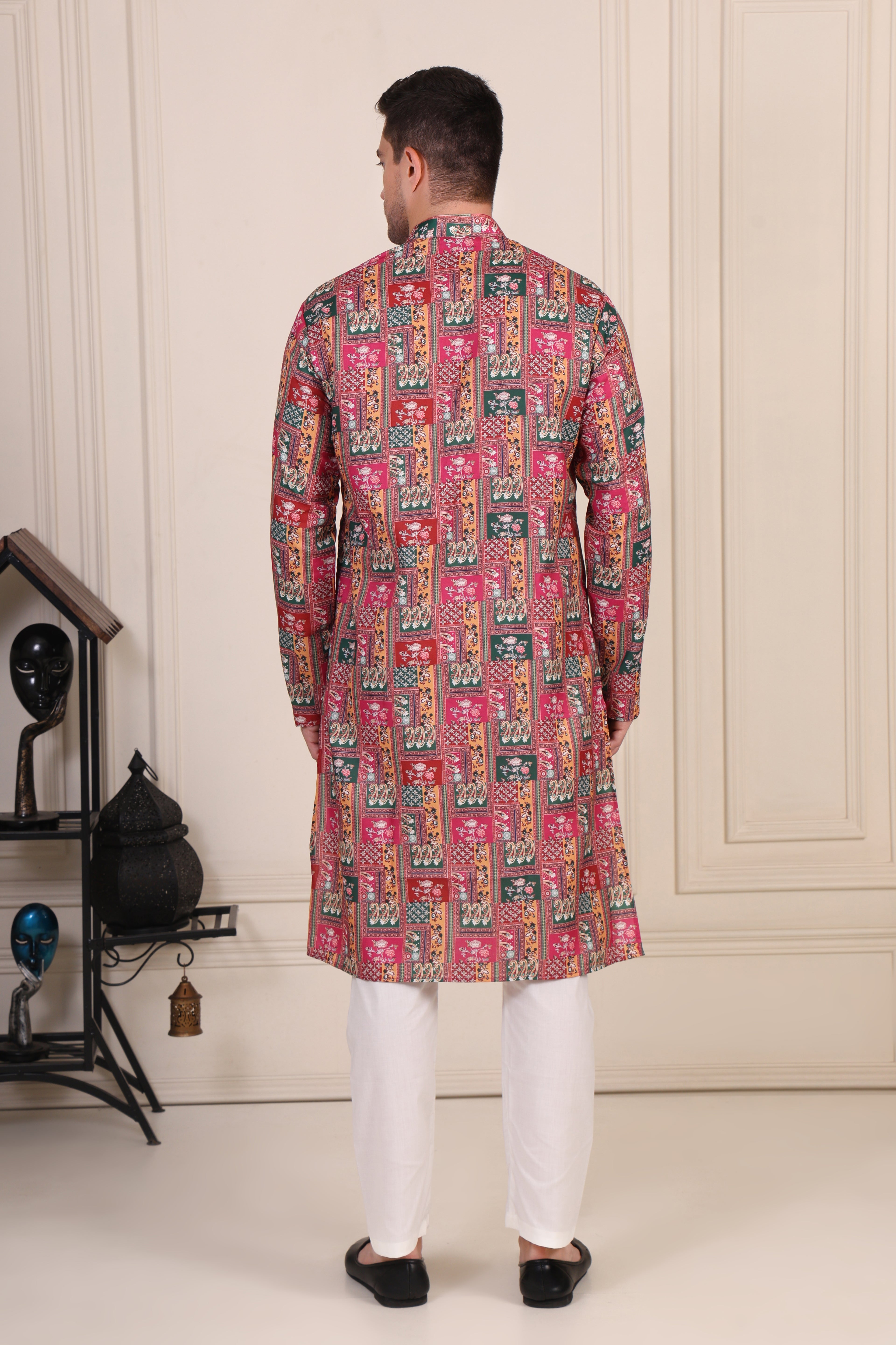 Multicolor Patchwork Printed Cotton Kurta Set with White Pajama