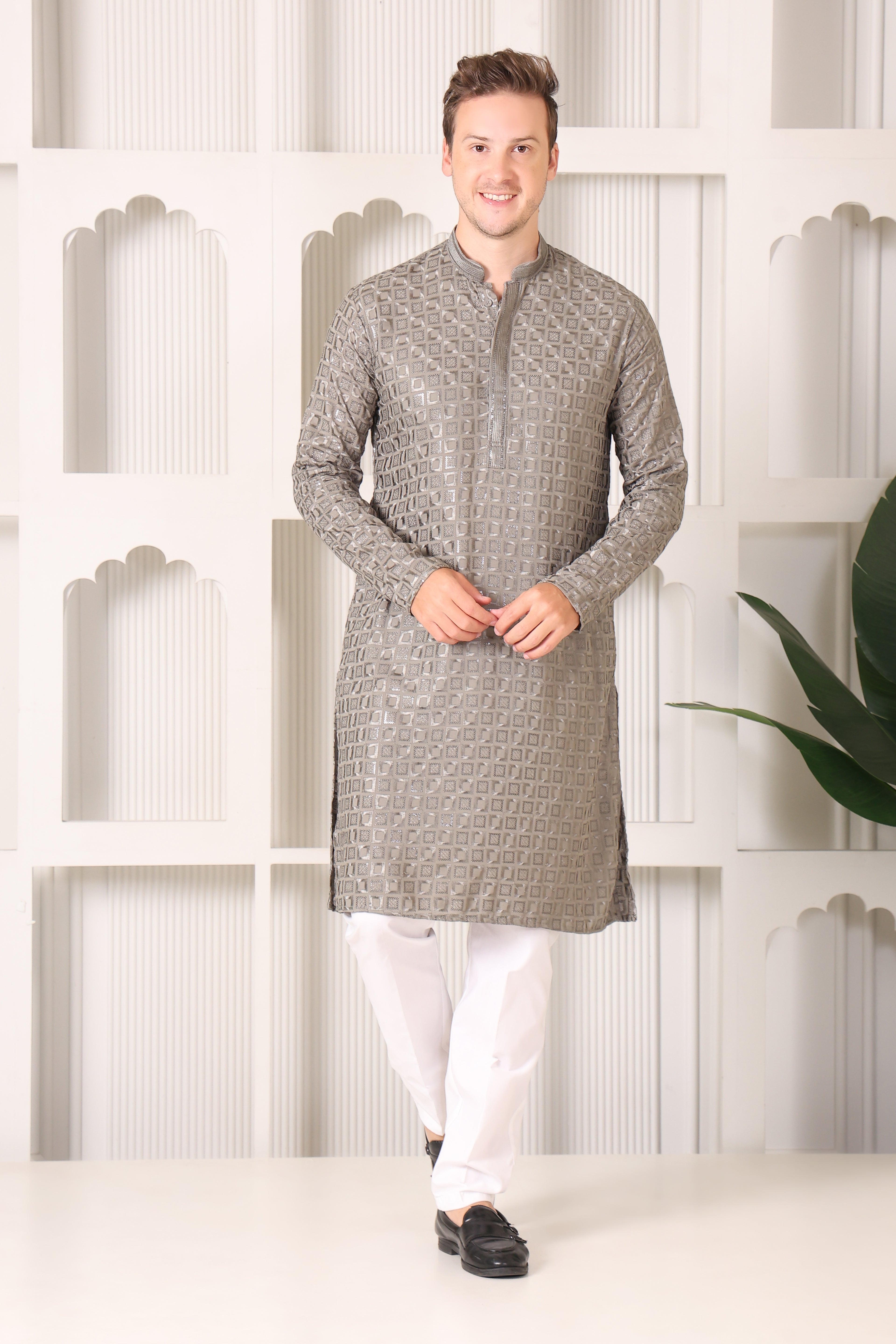 Grey Rayon Cotton Kurta Pajama Set with Chikankari & Sequin Work