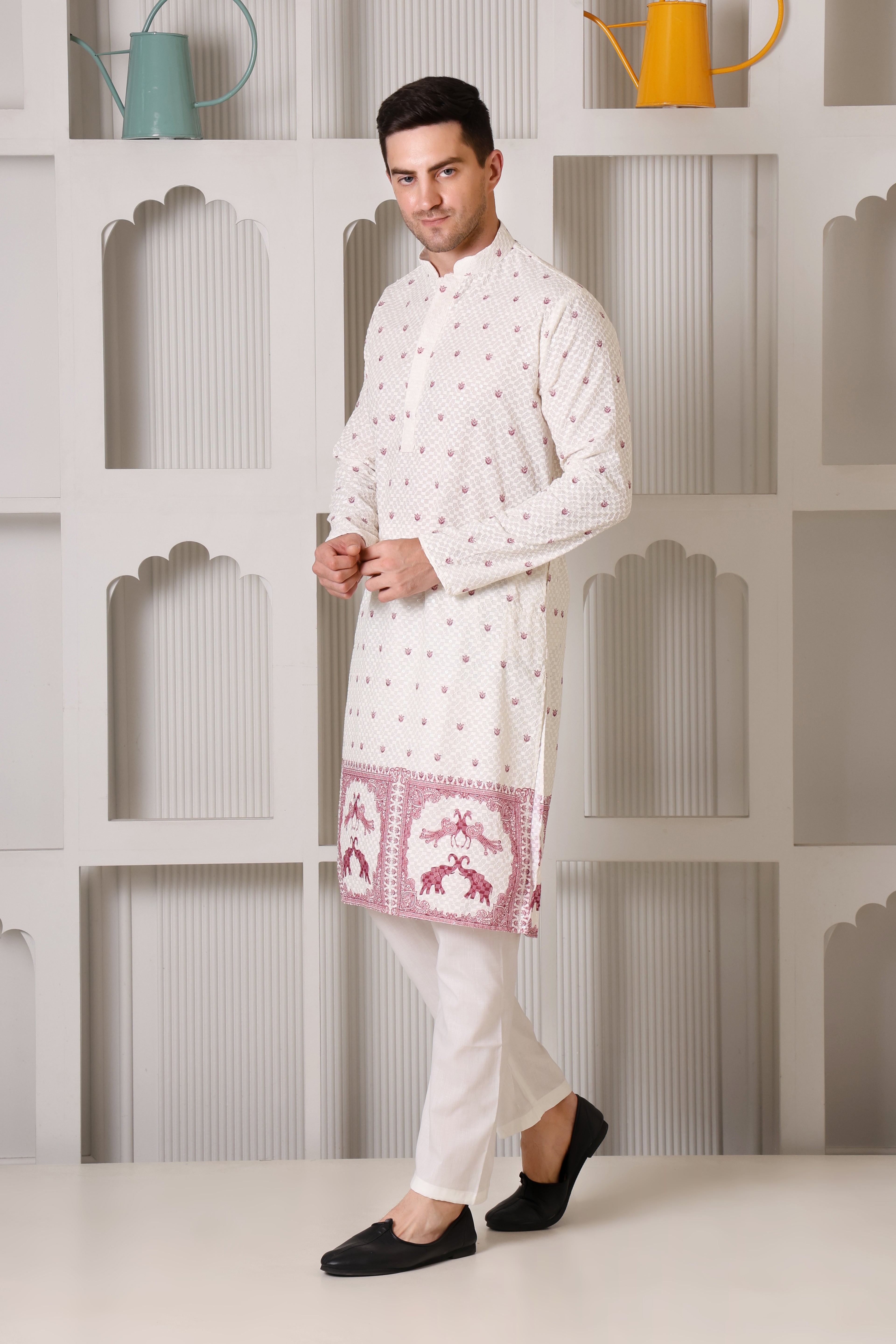 Cream Embroidered Kurta Set with Wine Motifs & Ornamental Hem Detailing