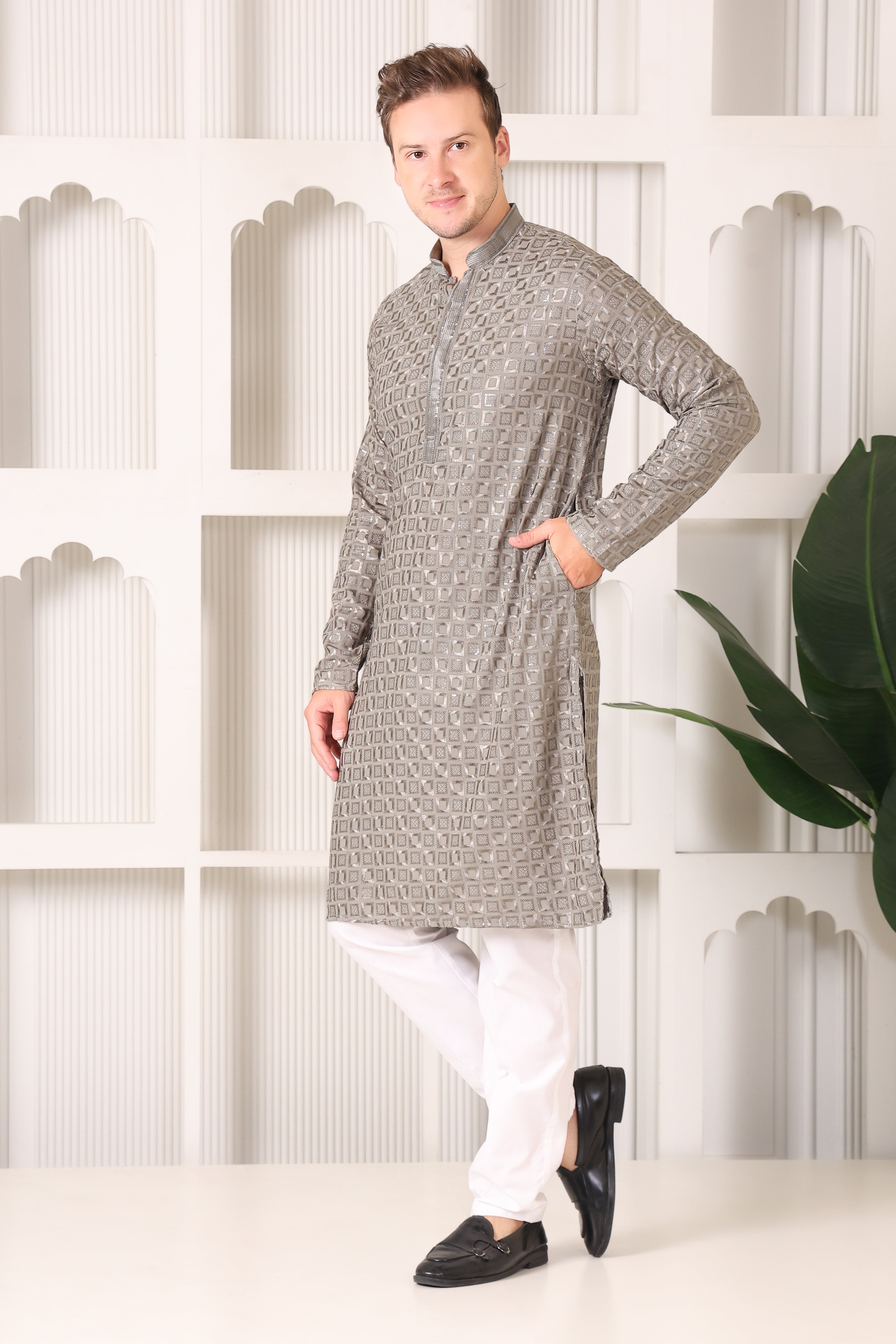 Grey Rayon Cotton Kurta Pajama Set with Chikankari & Sequin Work