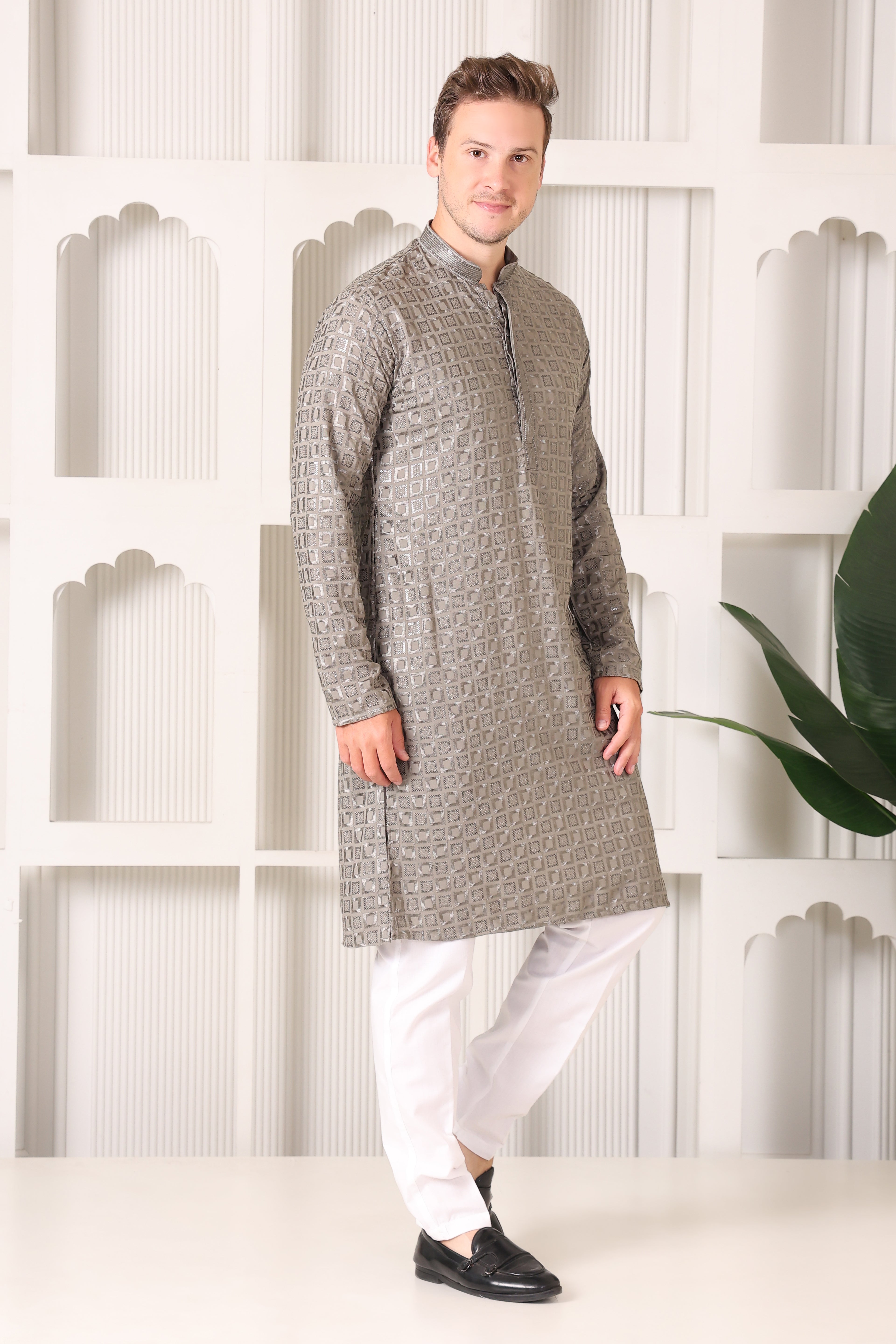 Grey Rayon Cotton Kurta Pajama Set with Chikankari & Sequin Work