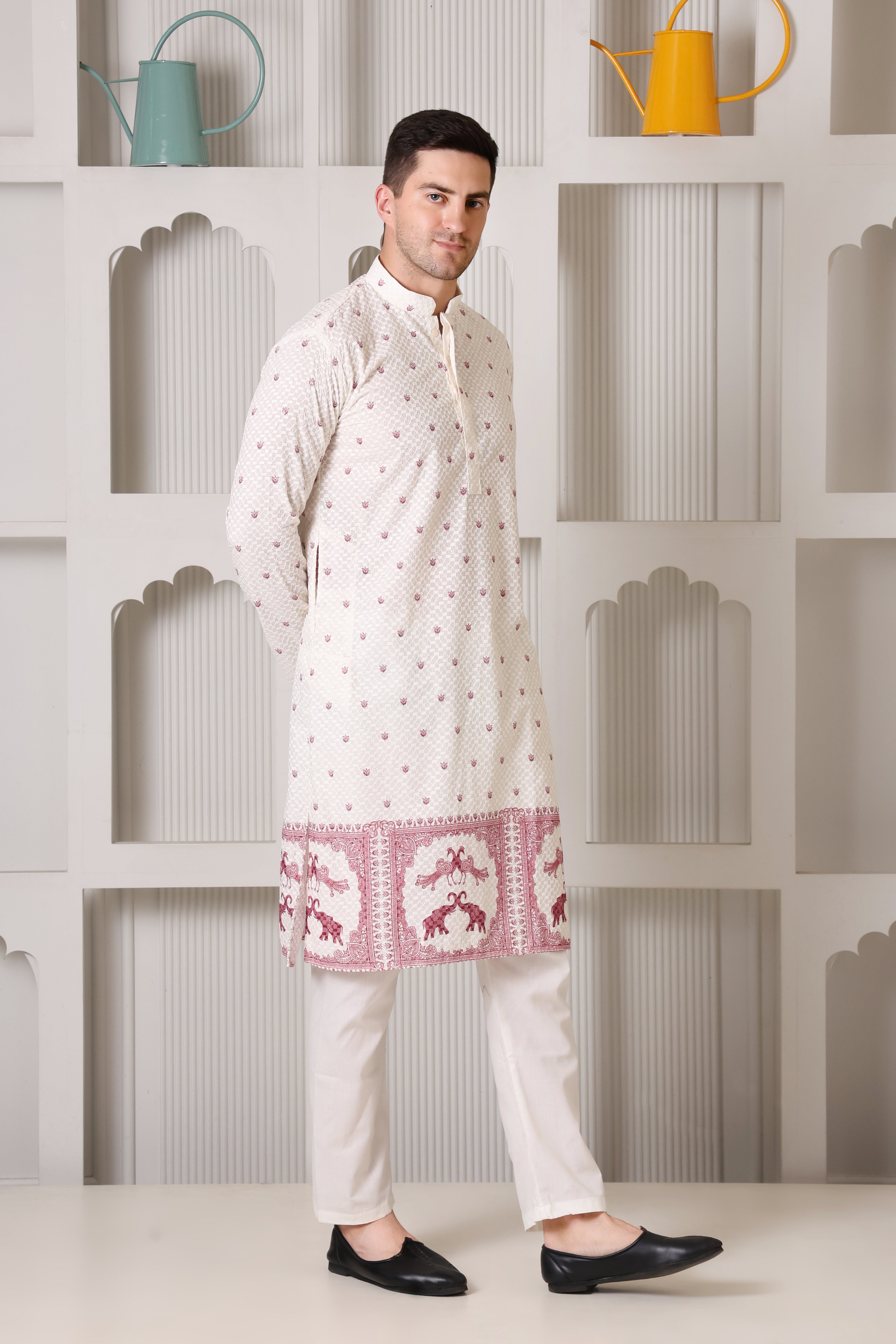 Cream Embroidered Kurta Set with Wine Motifs & Ornamental Hem Detailing