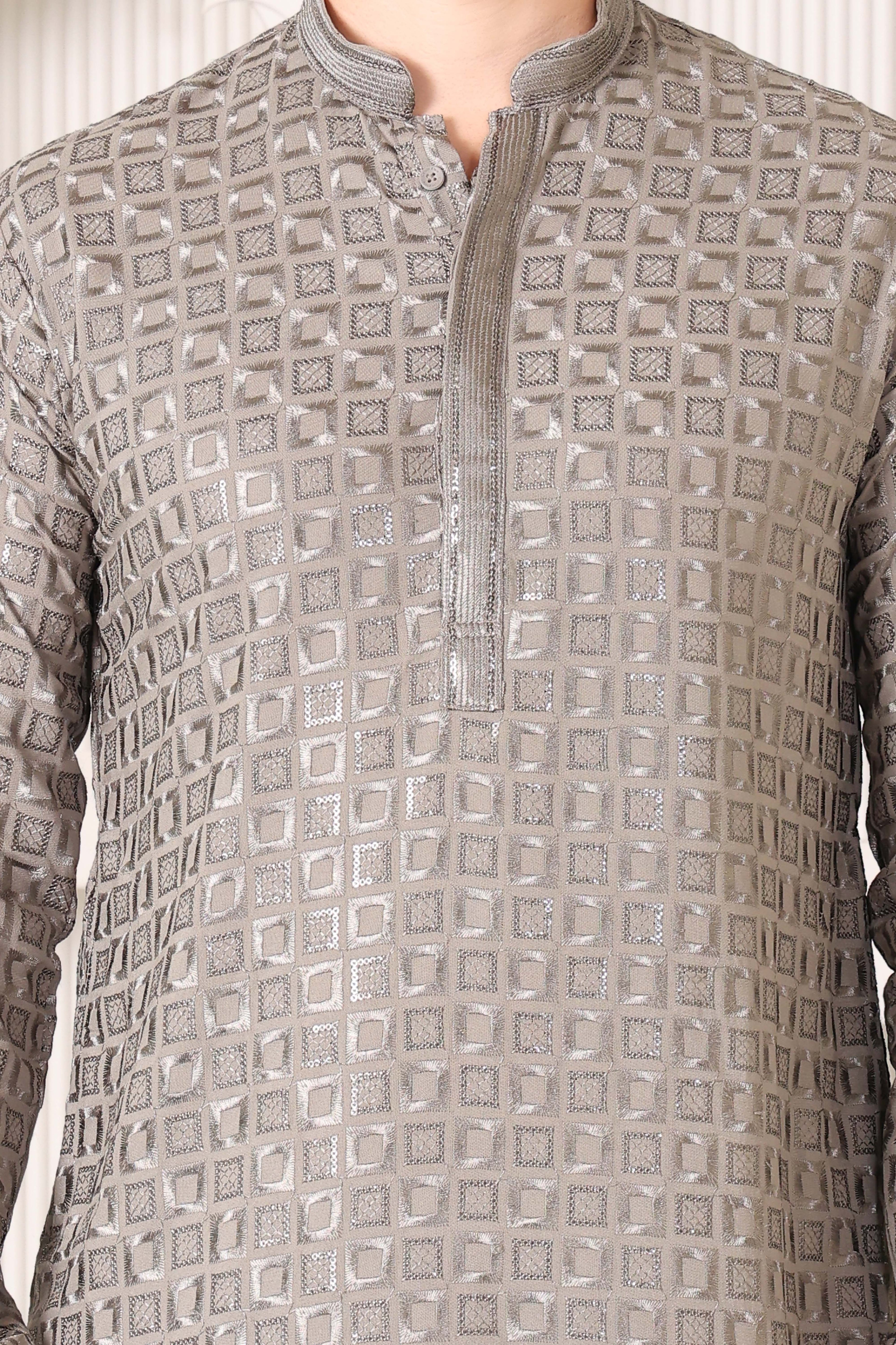 Grey Rayon Cotton Kurta Pajama Set with Chikankari & Sequin Work