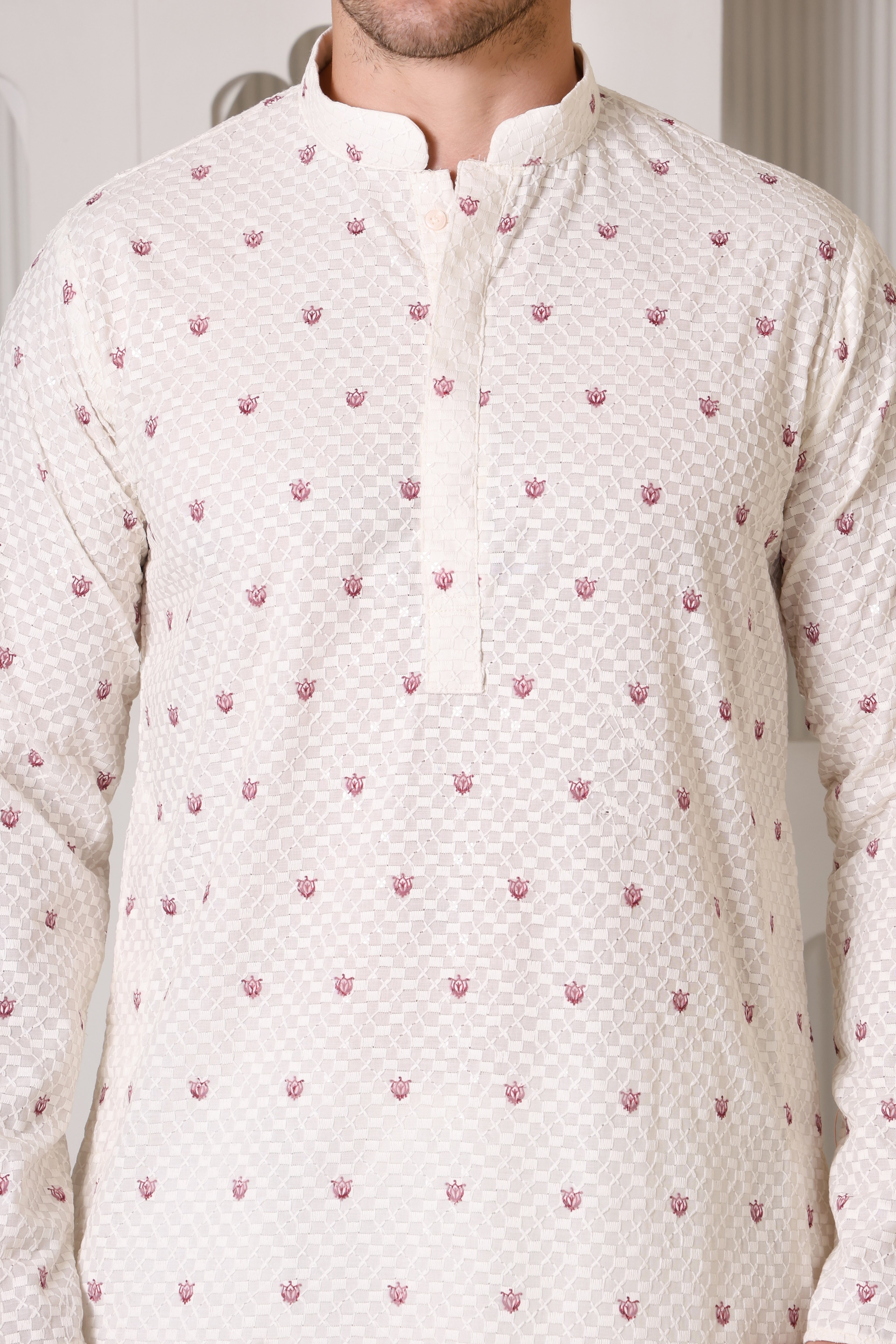 Cream Embroidered Kurta Set with Wine Motifs & Ornamental Hem Detailing