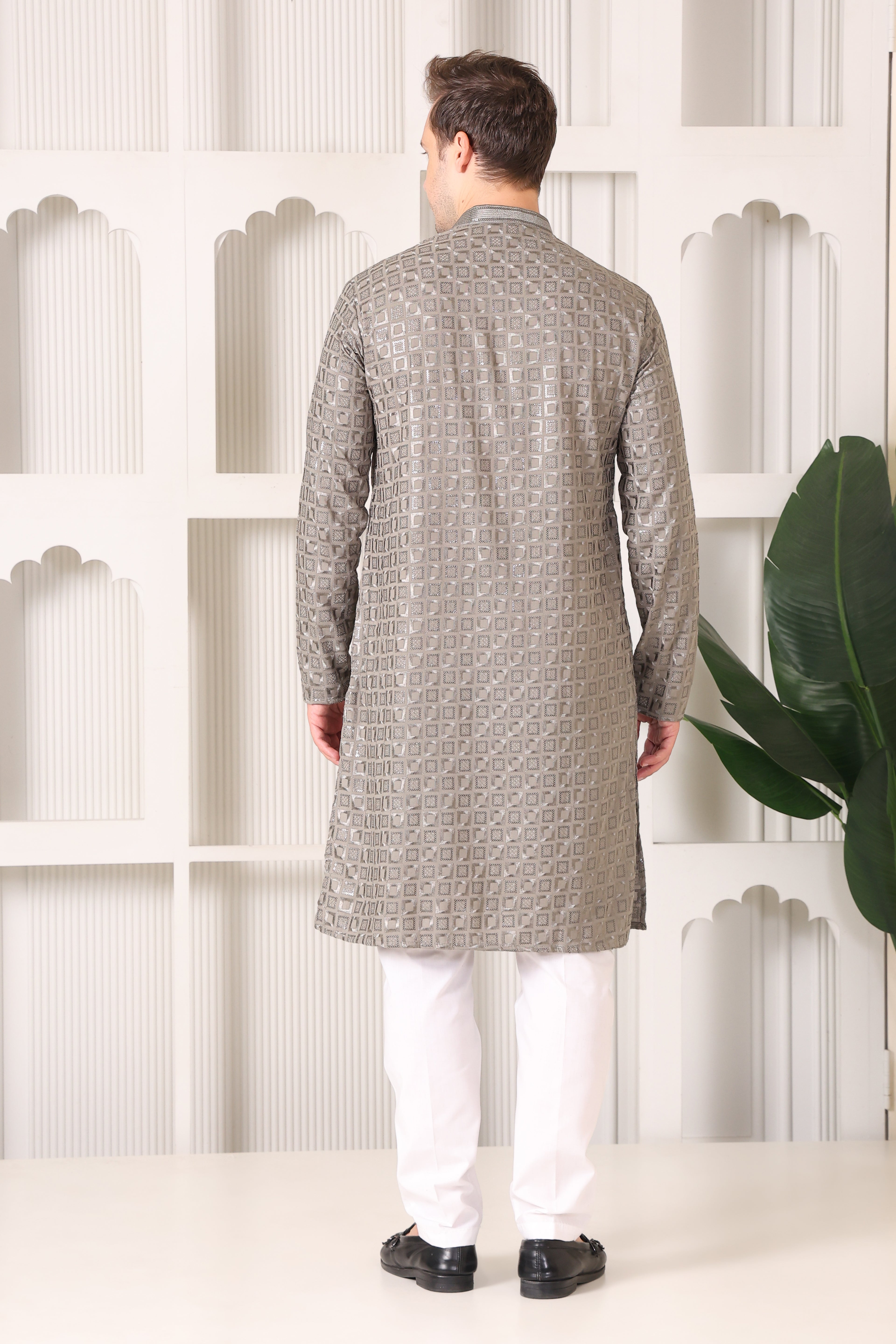 Grey Rayon Cotton Kurta Pajama Set with Chikankari & Sequin Work