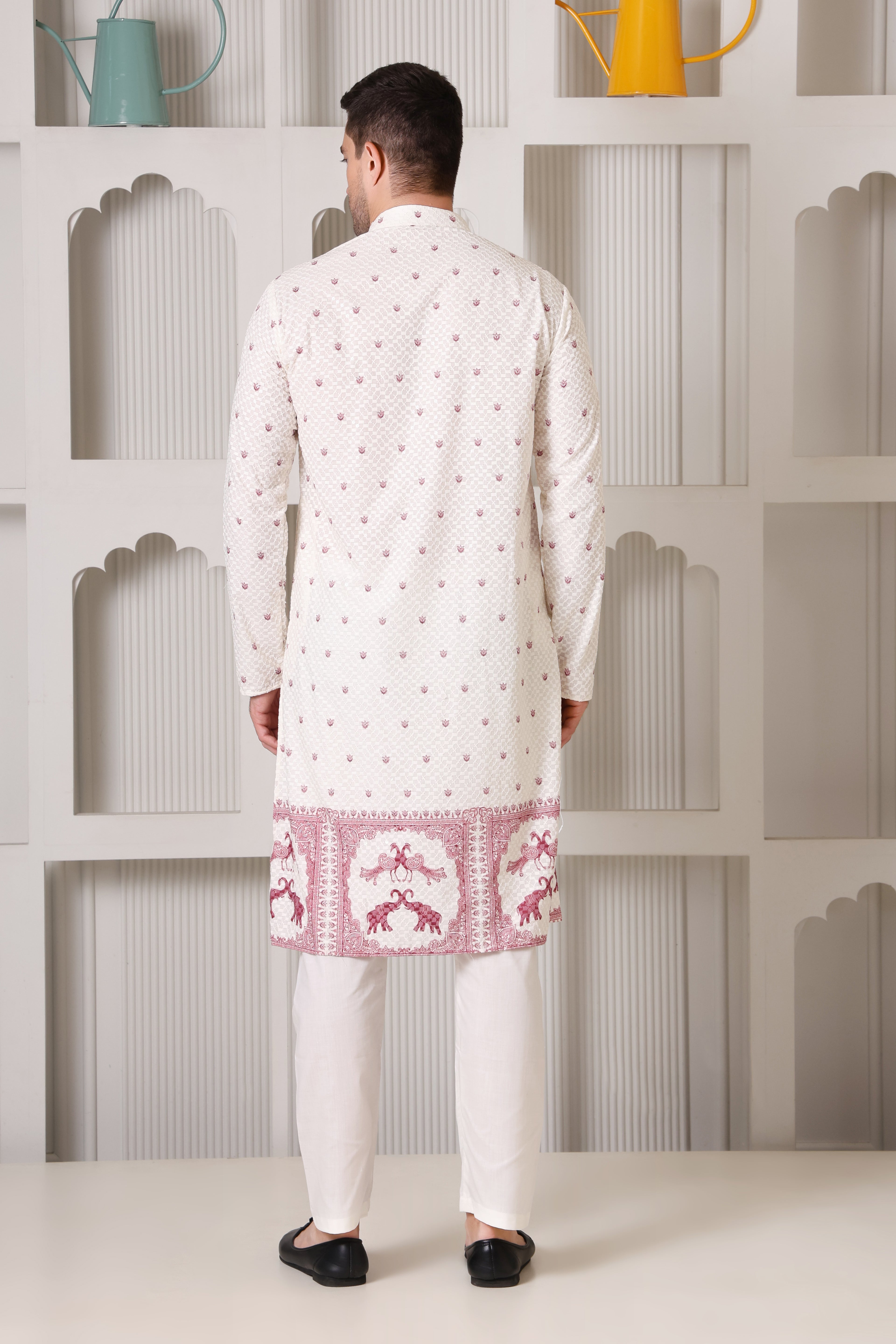 Cream Embroidered Kurta Set with Wine Motifs & Ornamental Hem Detailing