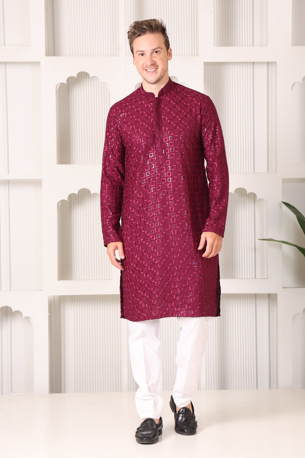 Wine Rayon Cotton Kurta with Chikankari & Sequin Work – White Pajama Set