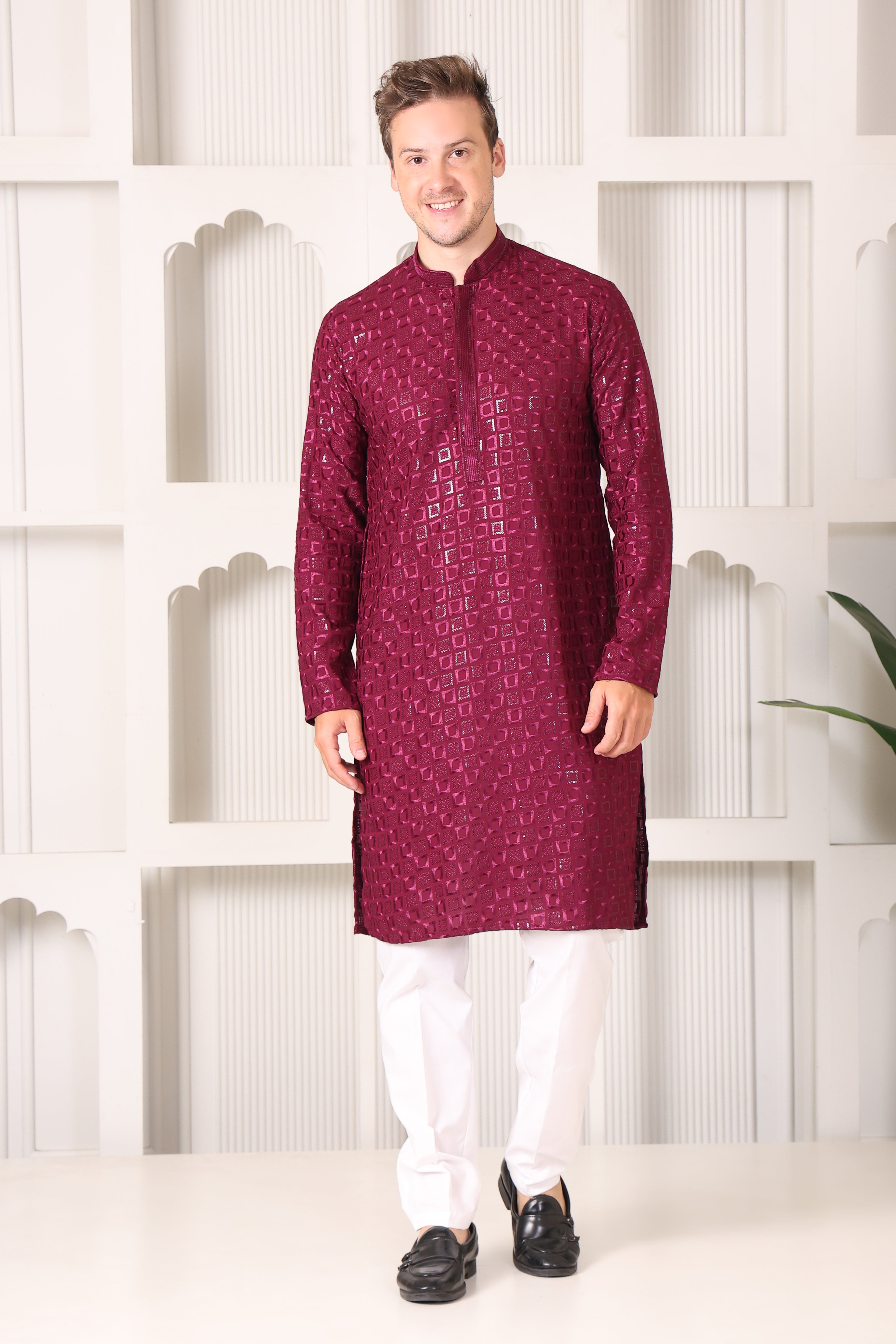 Wine Rayon Cotton Kurta with Chikankari & Sequin Work – White Pajama Set