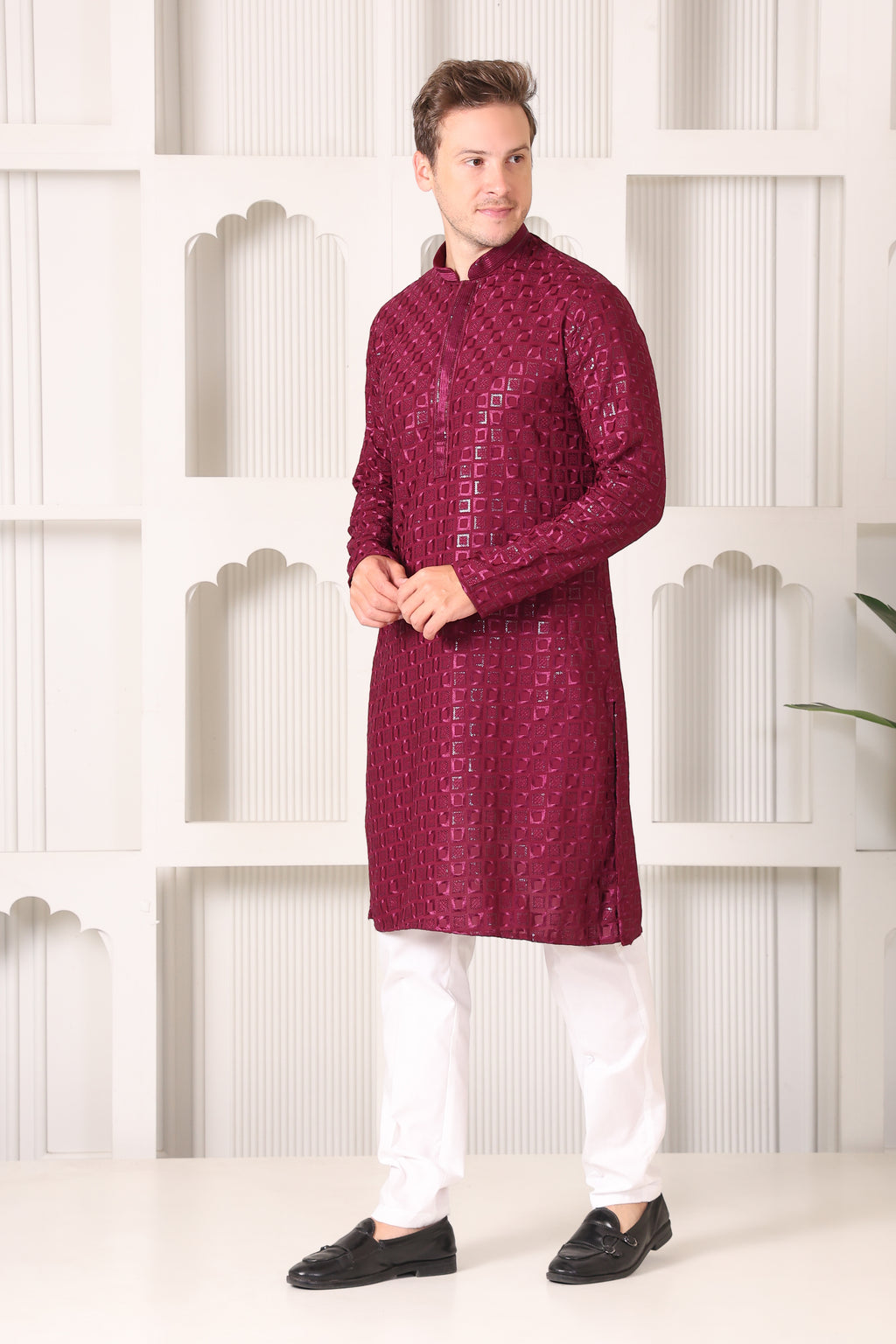 Wine Rayon Cotton Kurta with Chikankari & Sequin Work – White Pajama Set