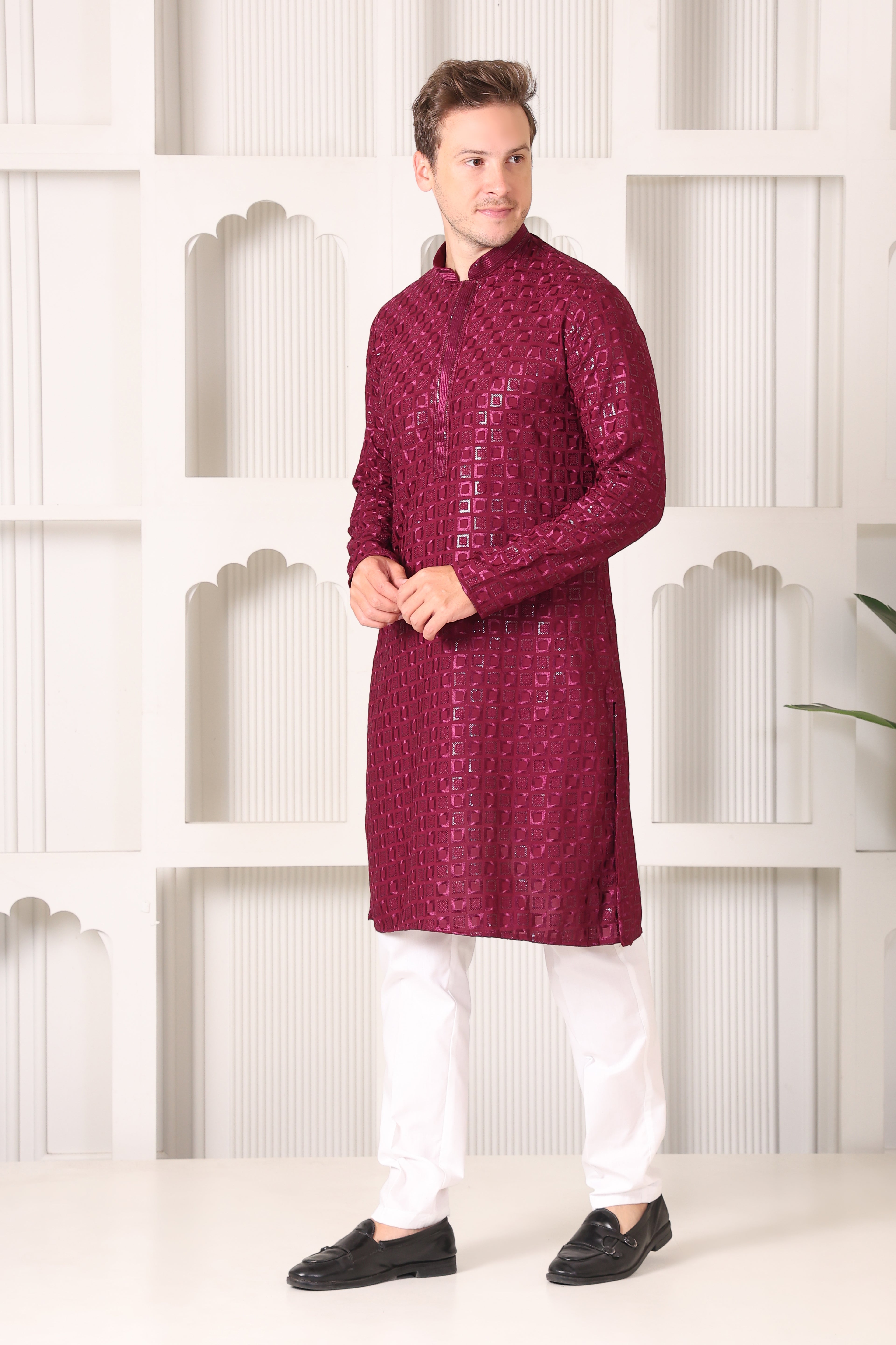 Wine Rayon Cotton Kurta with Chikankari & Sequin Work – White Pajama Set