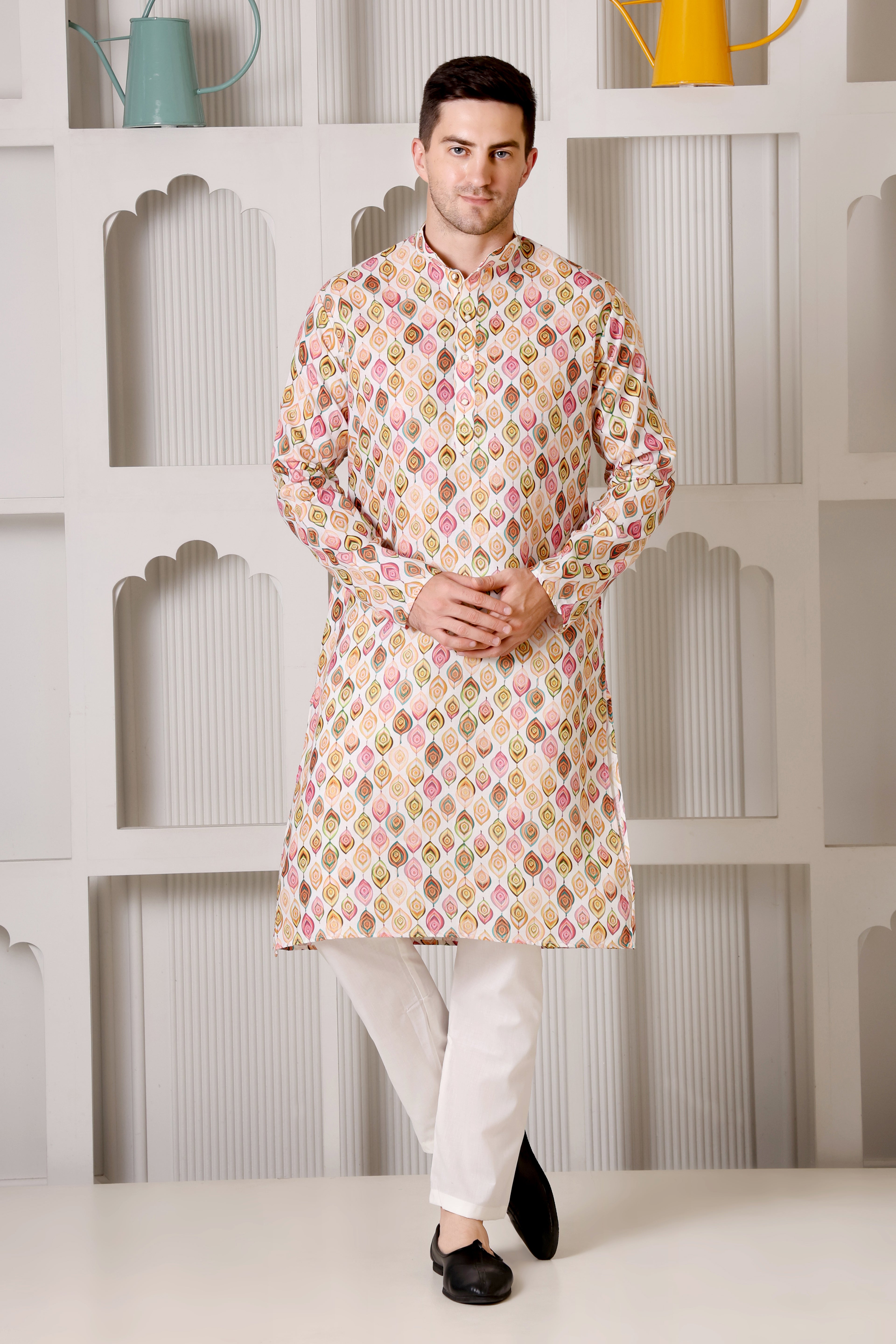 Peacock Feather Inspired Multicolor Printed Cotton Kurta Set with White Pajama