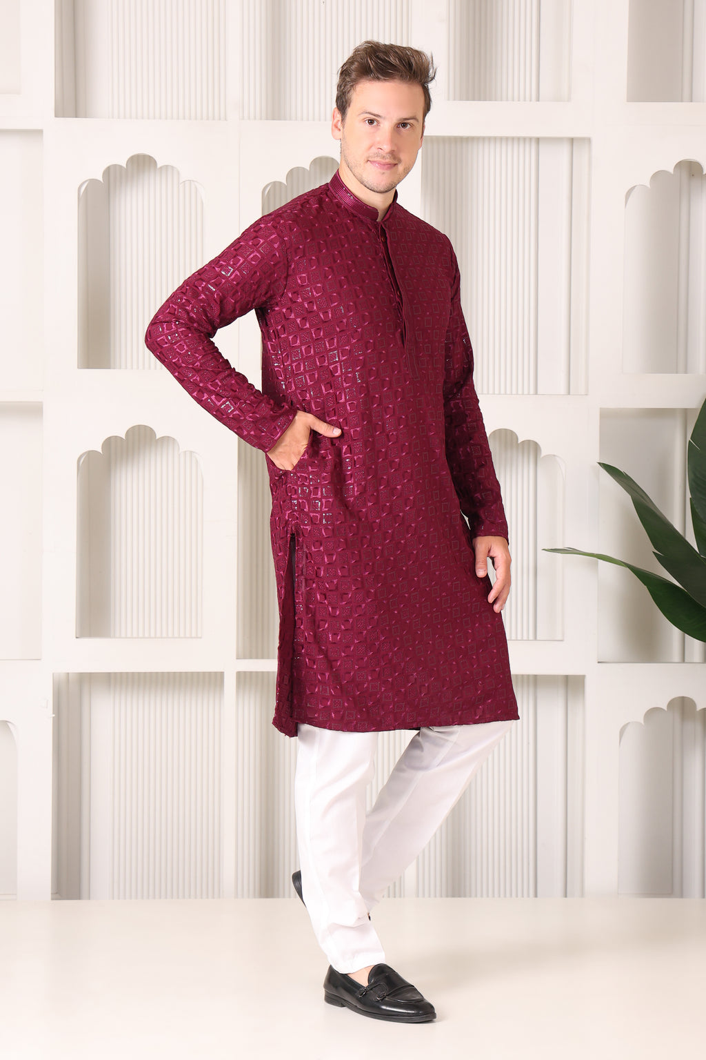 Wine Rayon Cotton Kurta with Chikankari & Sequin Work – White Pajama Set