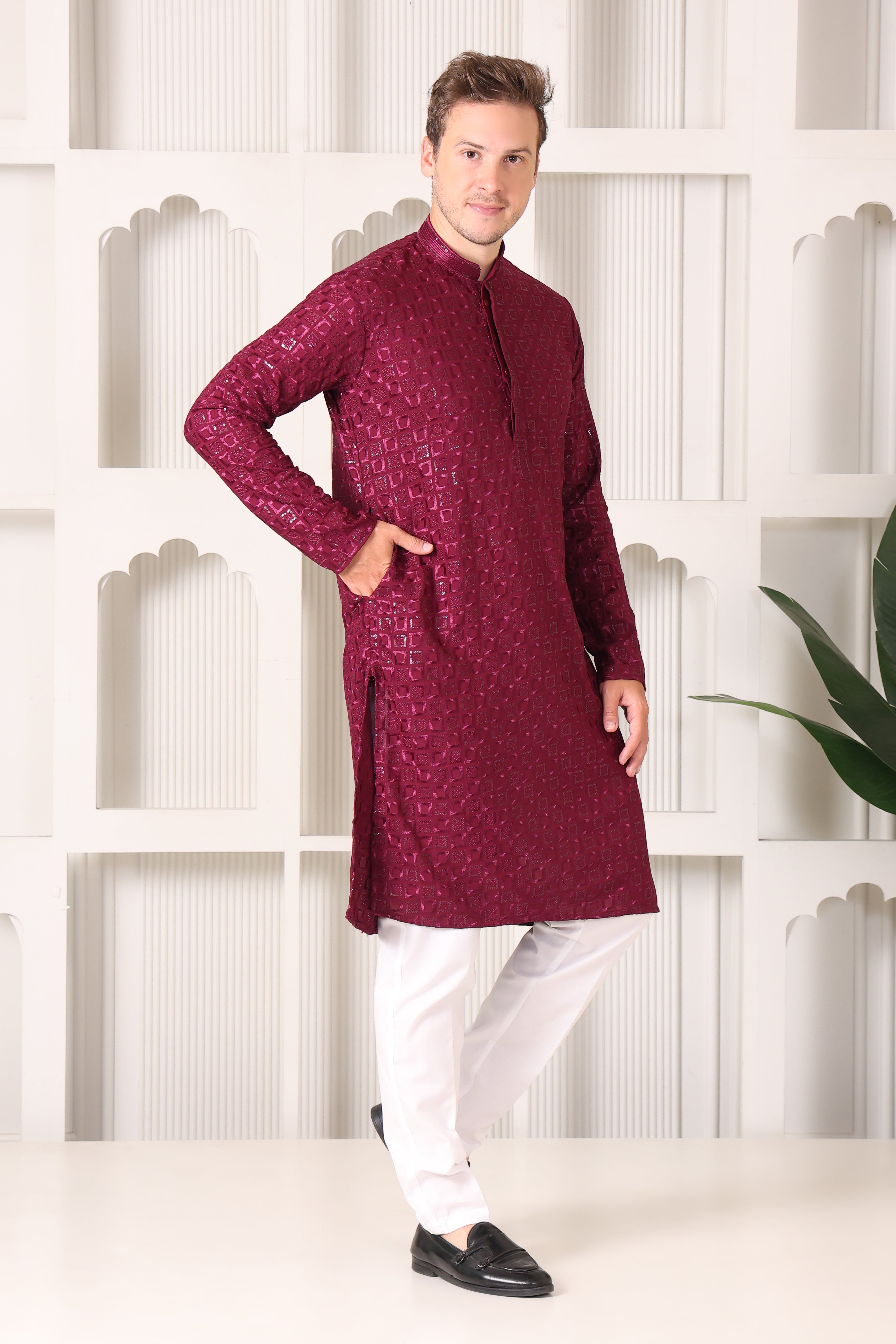 Wine Rayon Cotton Kurta with Chikankari & Sequin Work – White Pajama Set