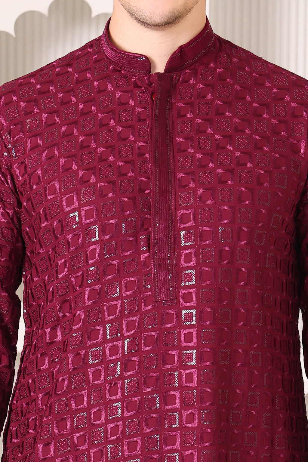 Wine Rayon Cotton Kurta with Chikankari & Sequin Work – White Pajama Set