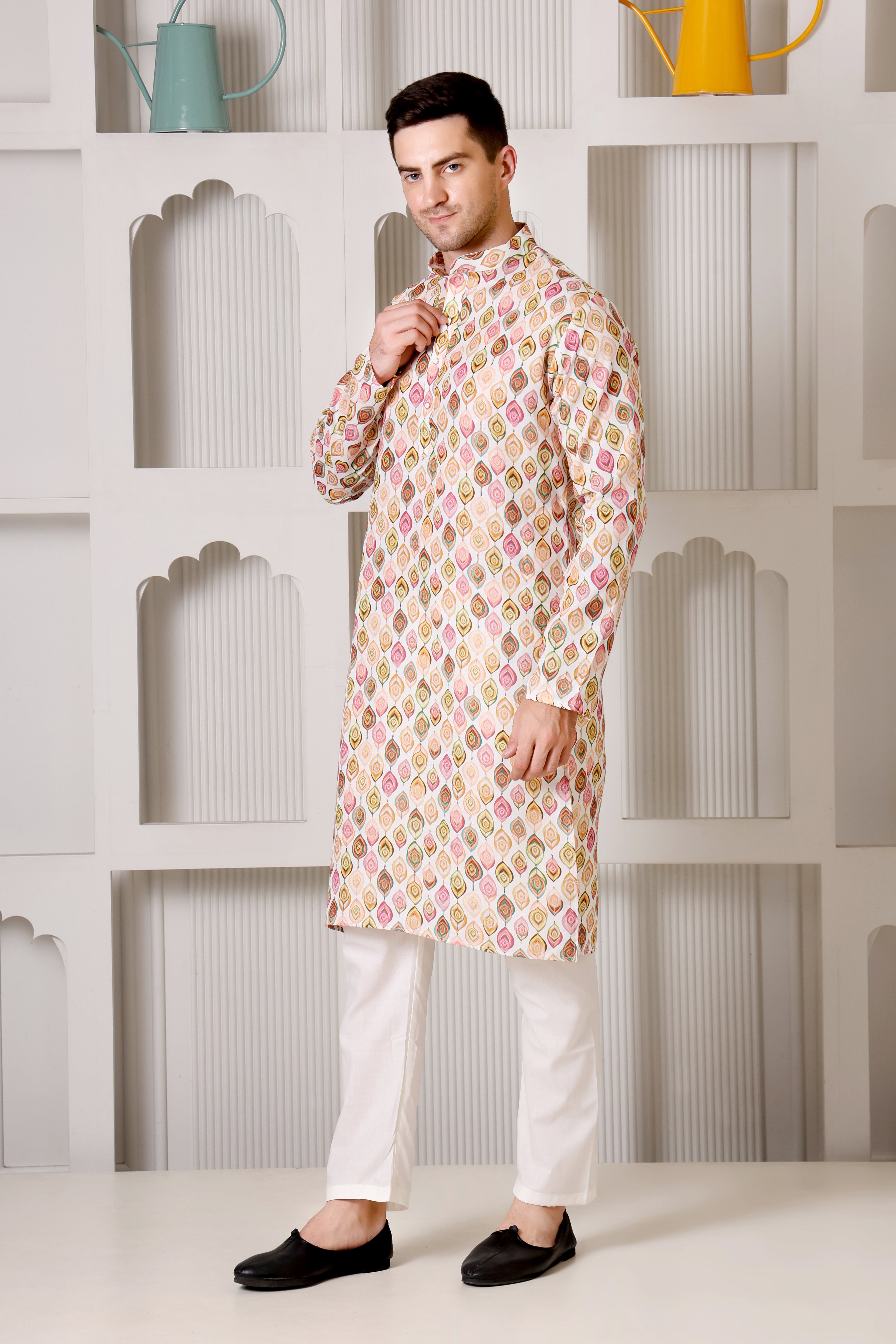 Peacock Feather Inspired Multicolor Printed Cotton Kurta Set with White Pajama