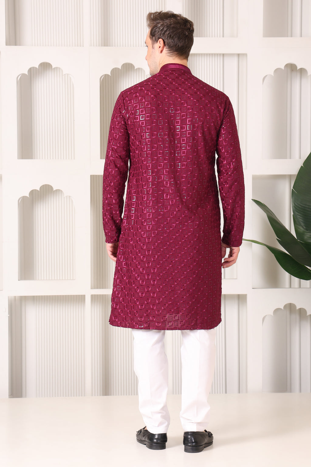 Wine Rayon Cotton Kurta with Chikankari & Sequin Work – White Pajama Set