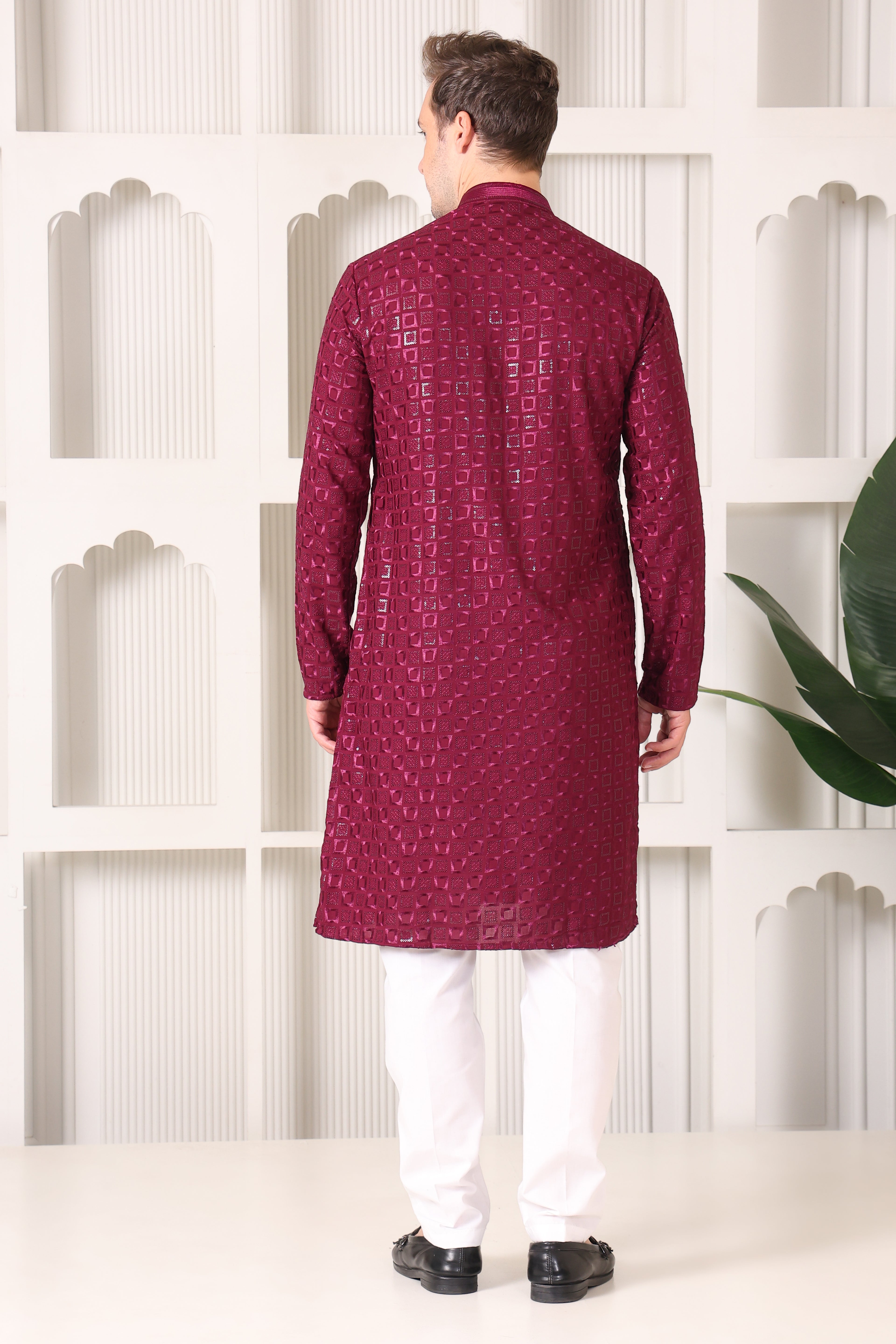 Wine Rayon Cotton Kurta with Chikankari & Sequin Work – White Pajama Set