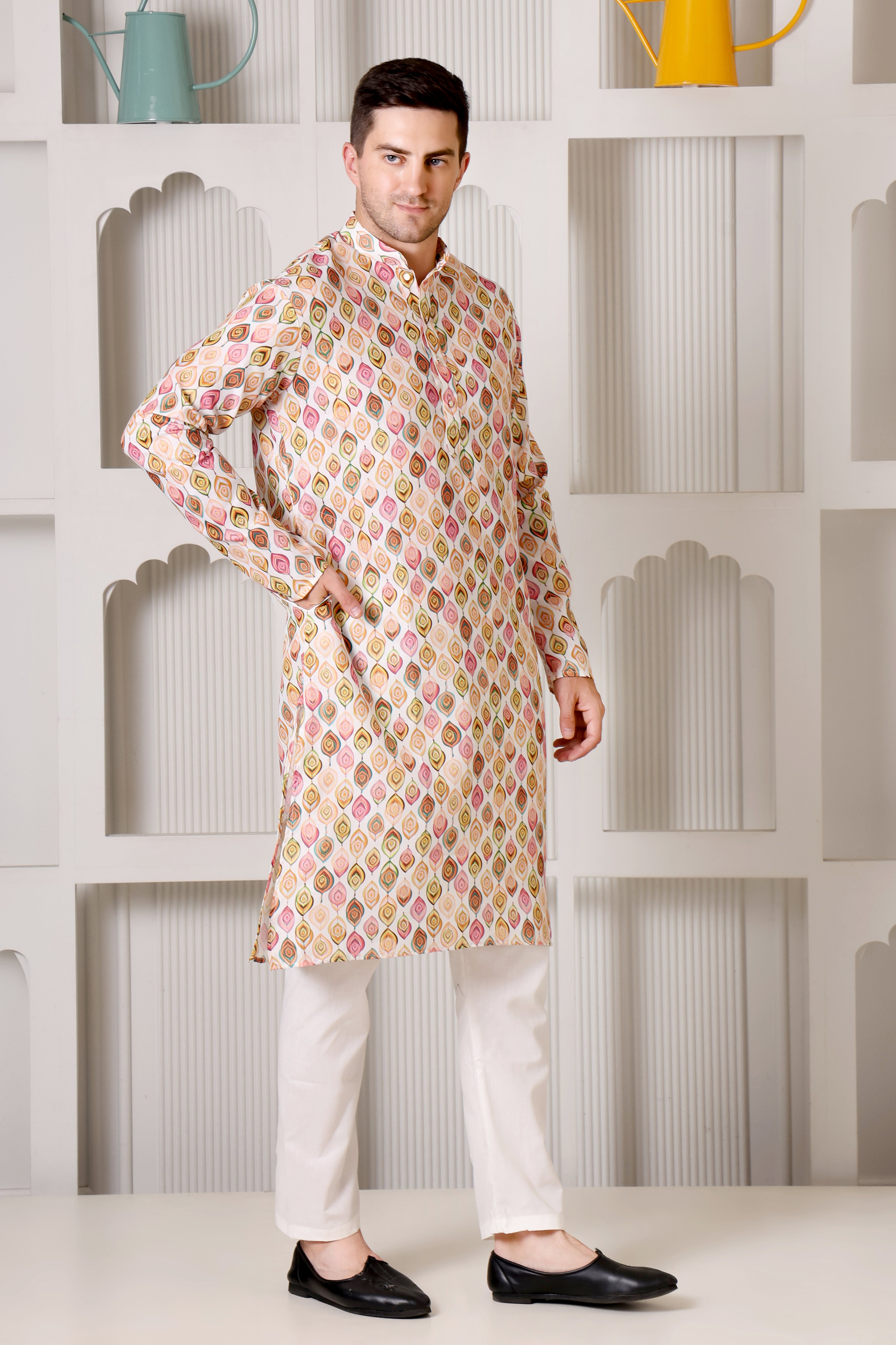 Peacock Feather Inspired Multicolor Printed Cotton Kurta Set with White Pajama