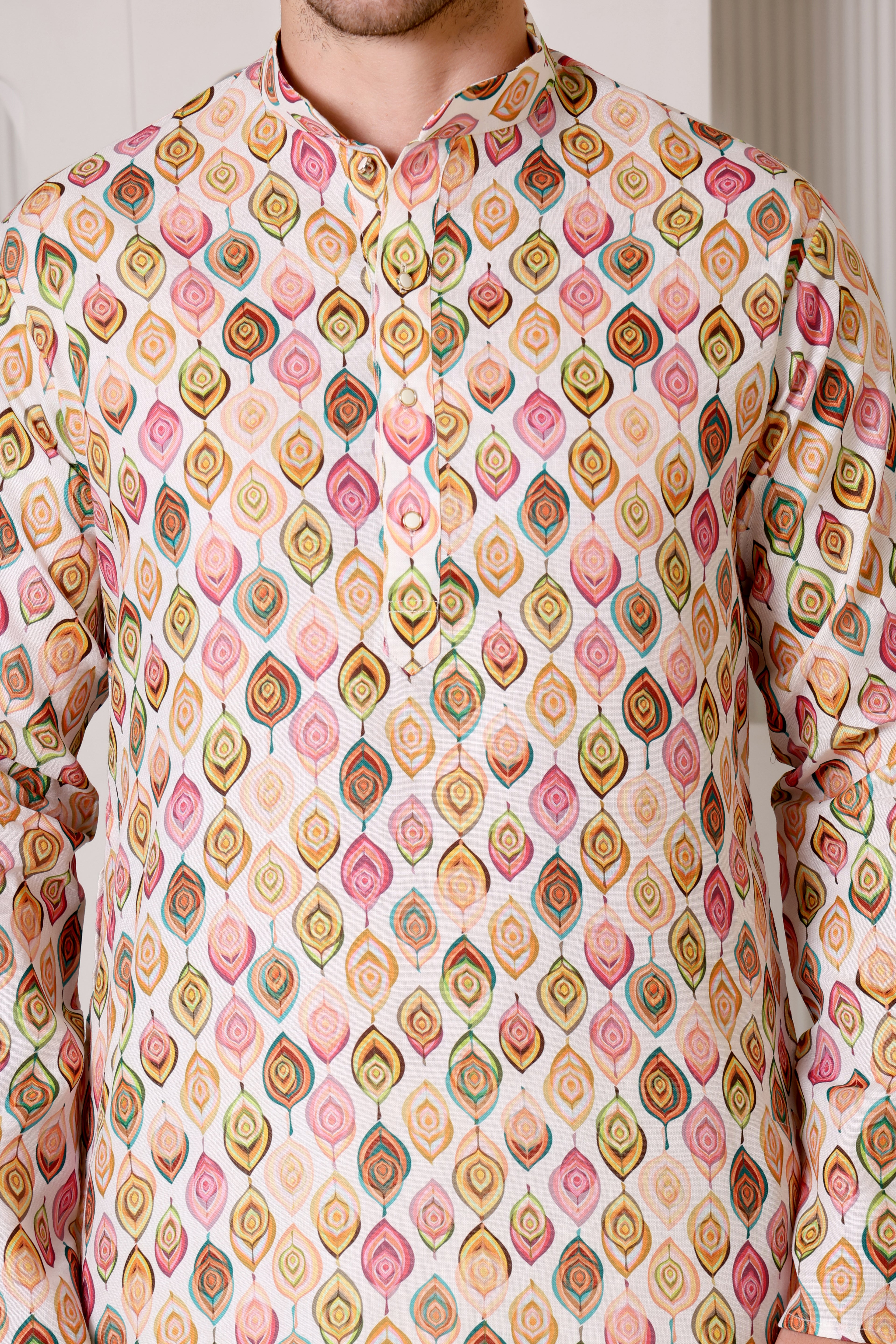 Peacock Feather Inspired Multicolor Printed Cotton Kurta Set with White Pajama