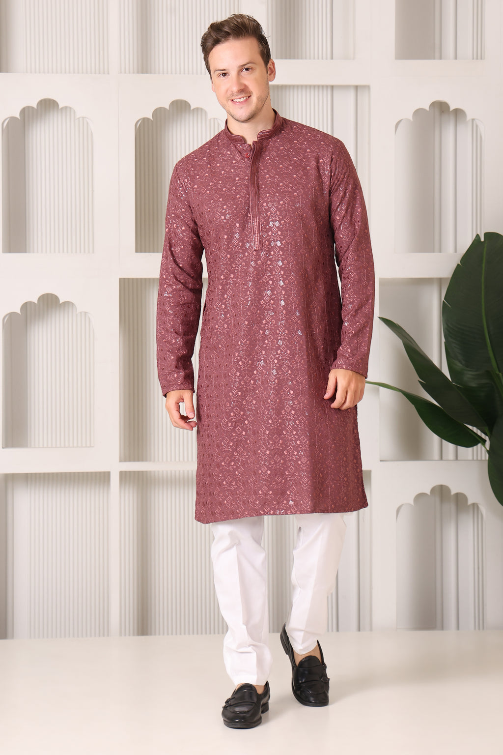 Rose Brown Rayon Cotton Kurta with Embroidery & Sequin Work