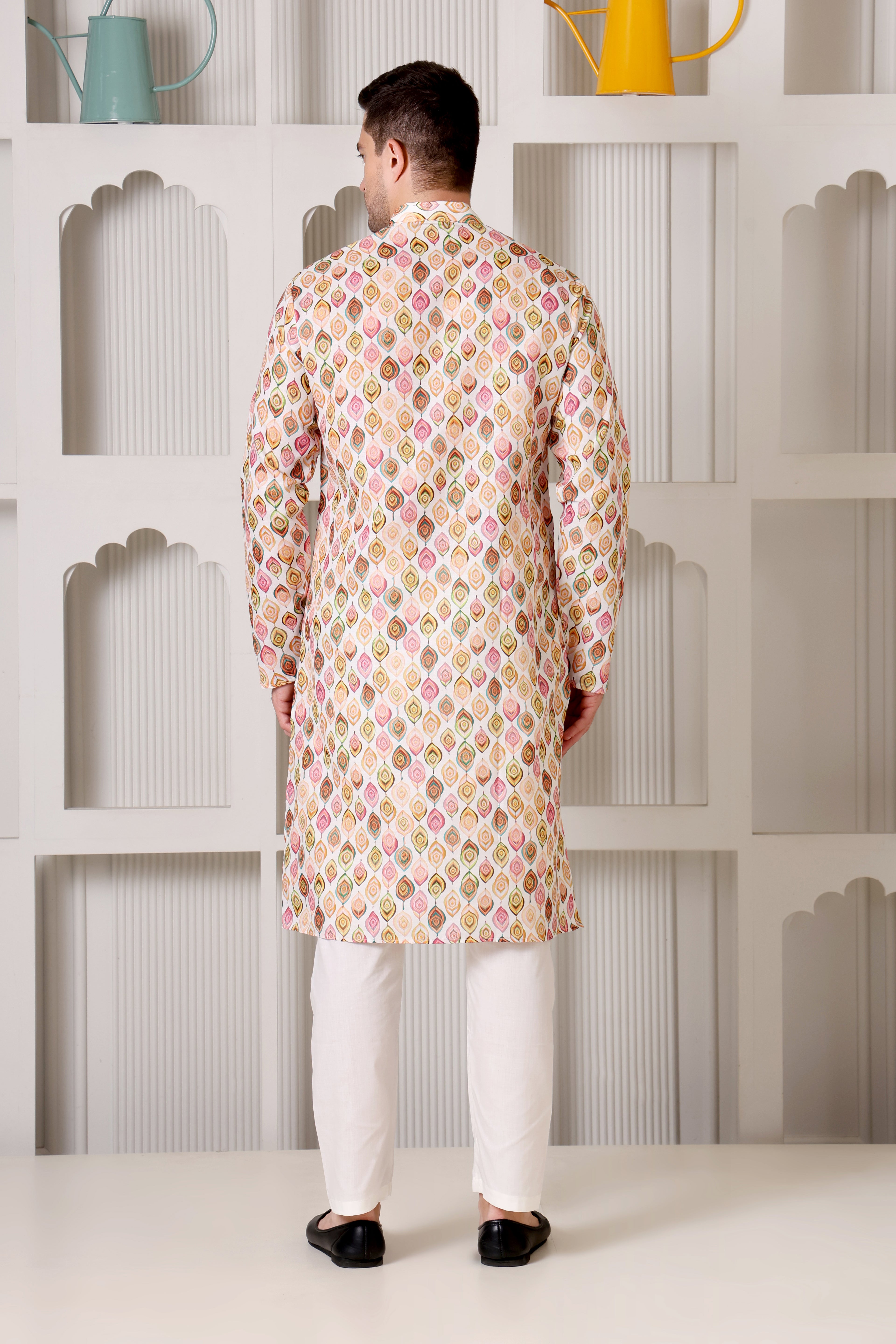 Peacock Feather Inspired Multicolor Printed Cotton Kurta Set with White Pajama
