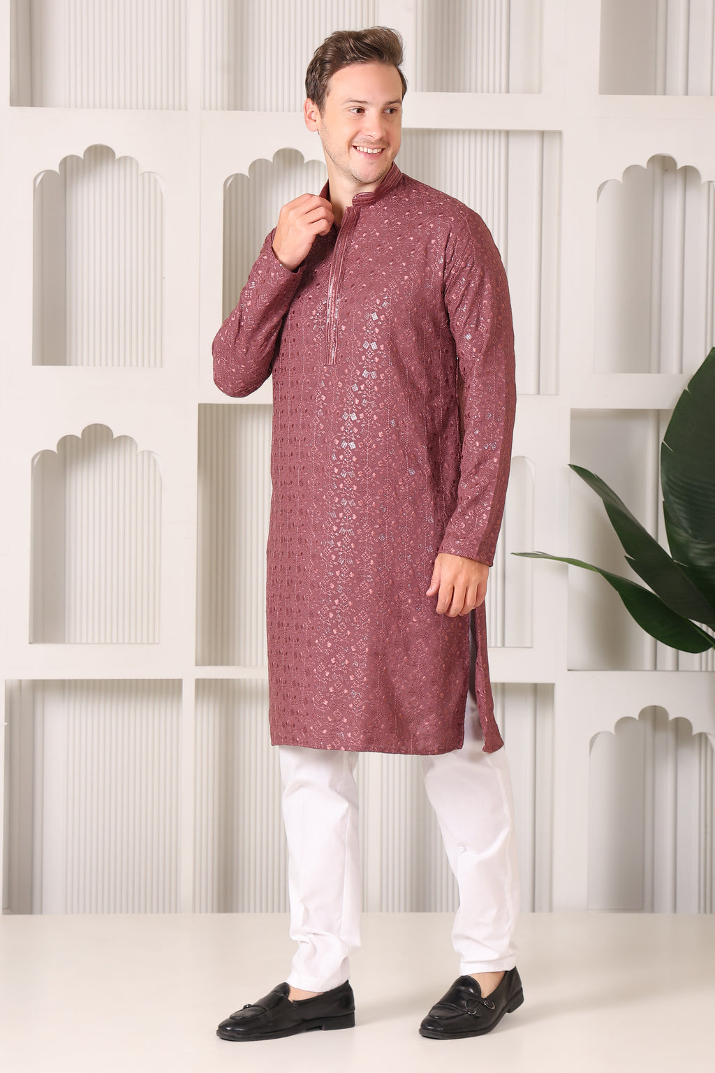 Rose Brown Rayon Cotton Kurta with Embroidery & Sequin Work