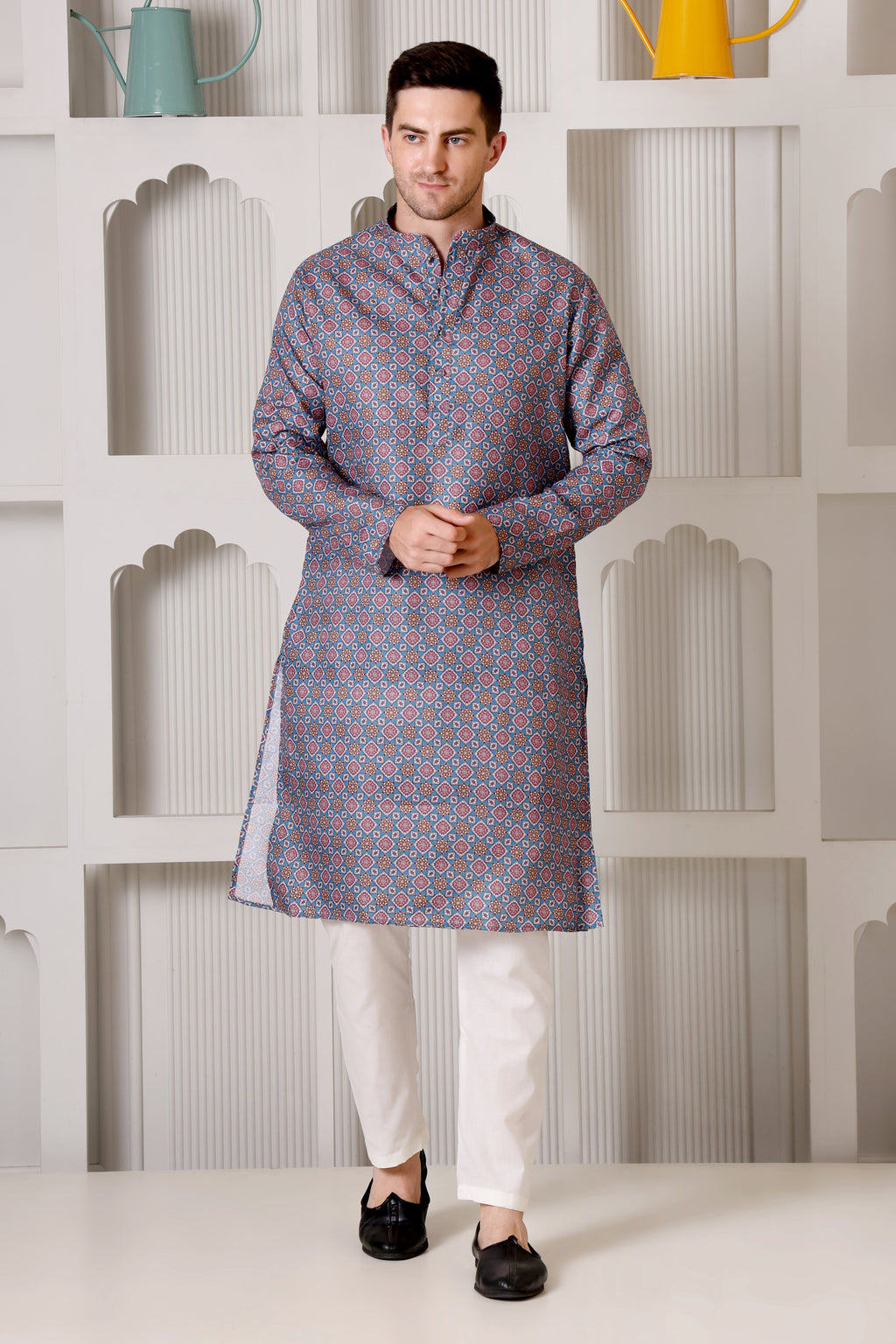 Blue & Maroon Geometric Printed Cotton Kurta Set with White Pajama