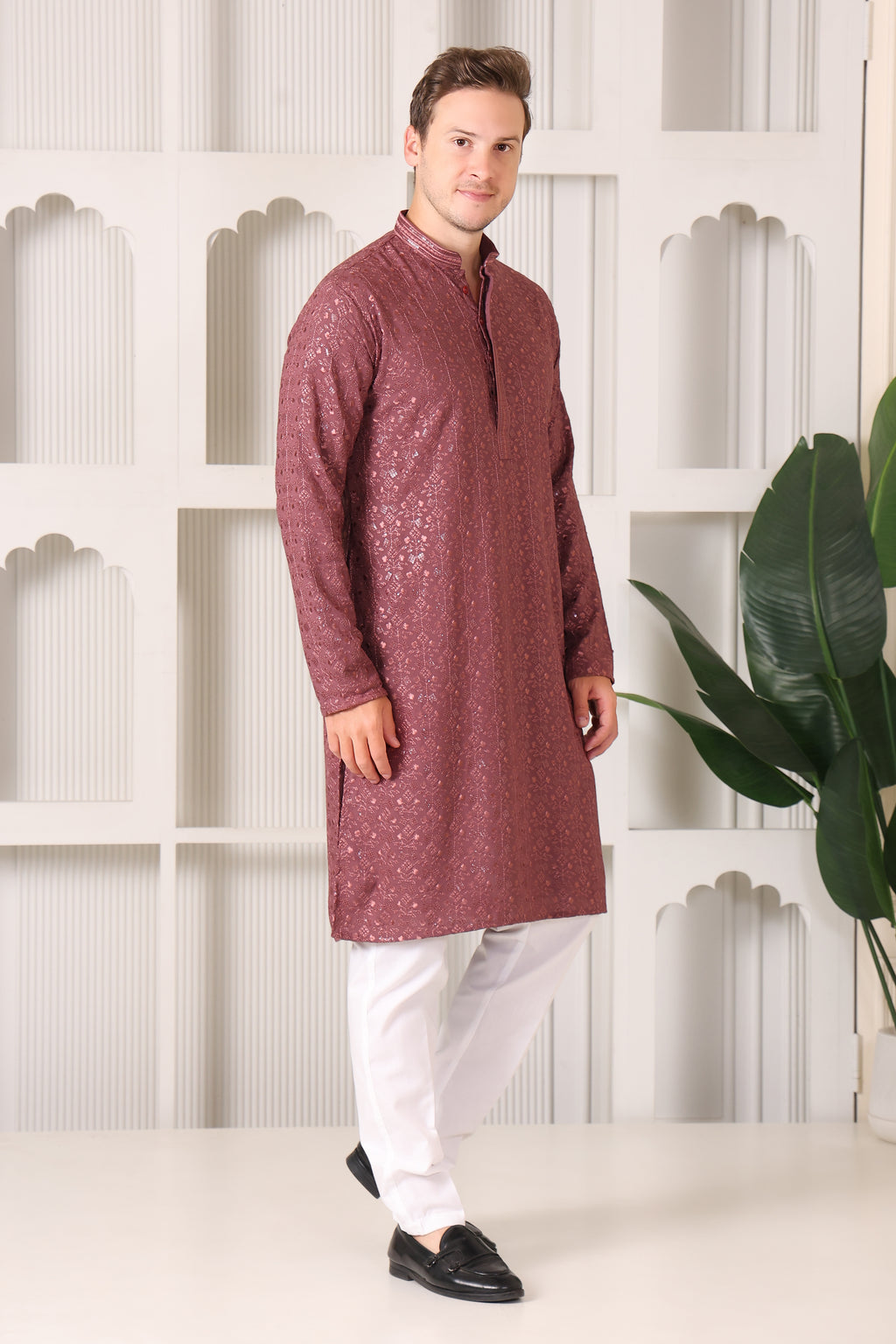 Rose Brown Rayon Cotton Kurta with Embroidery & Sequin Work