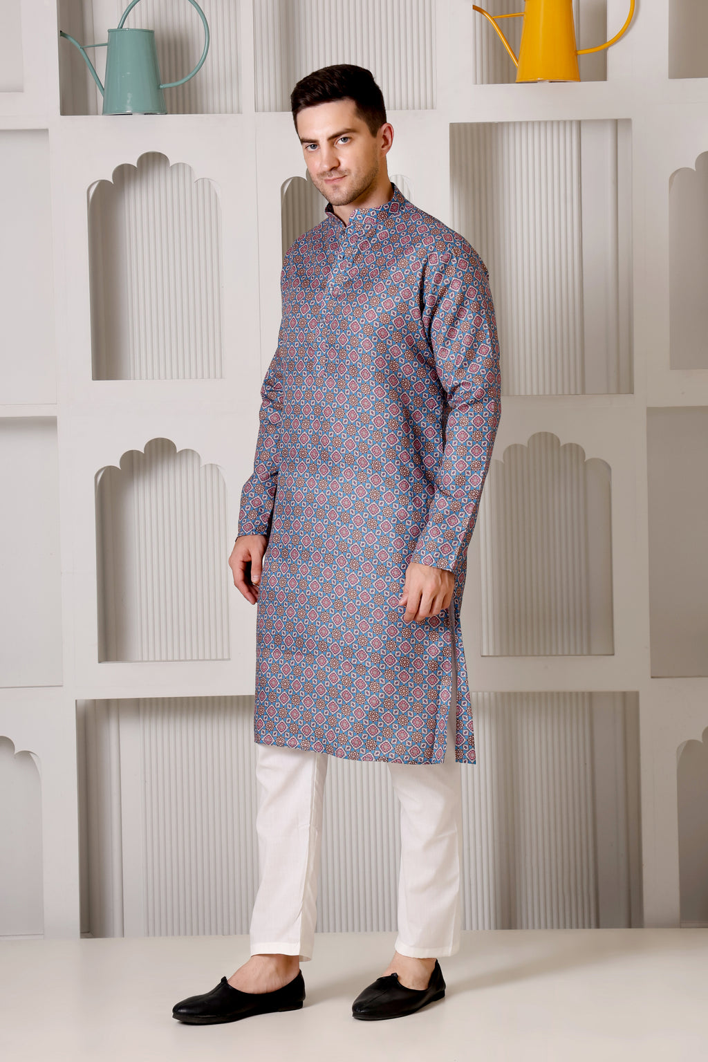 Blue & Maroon Geometric Printed Cotton Kurta Set with White Pajama