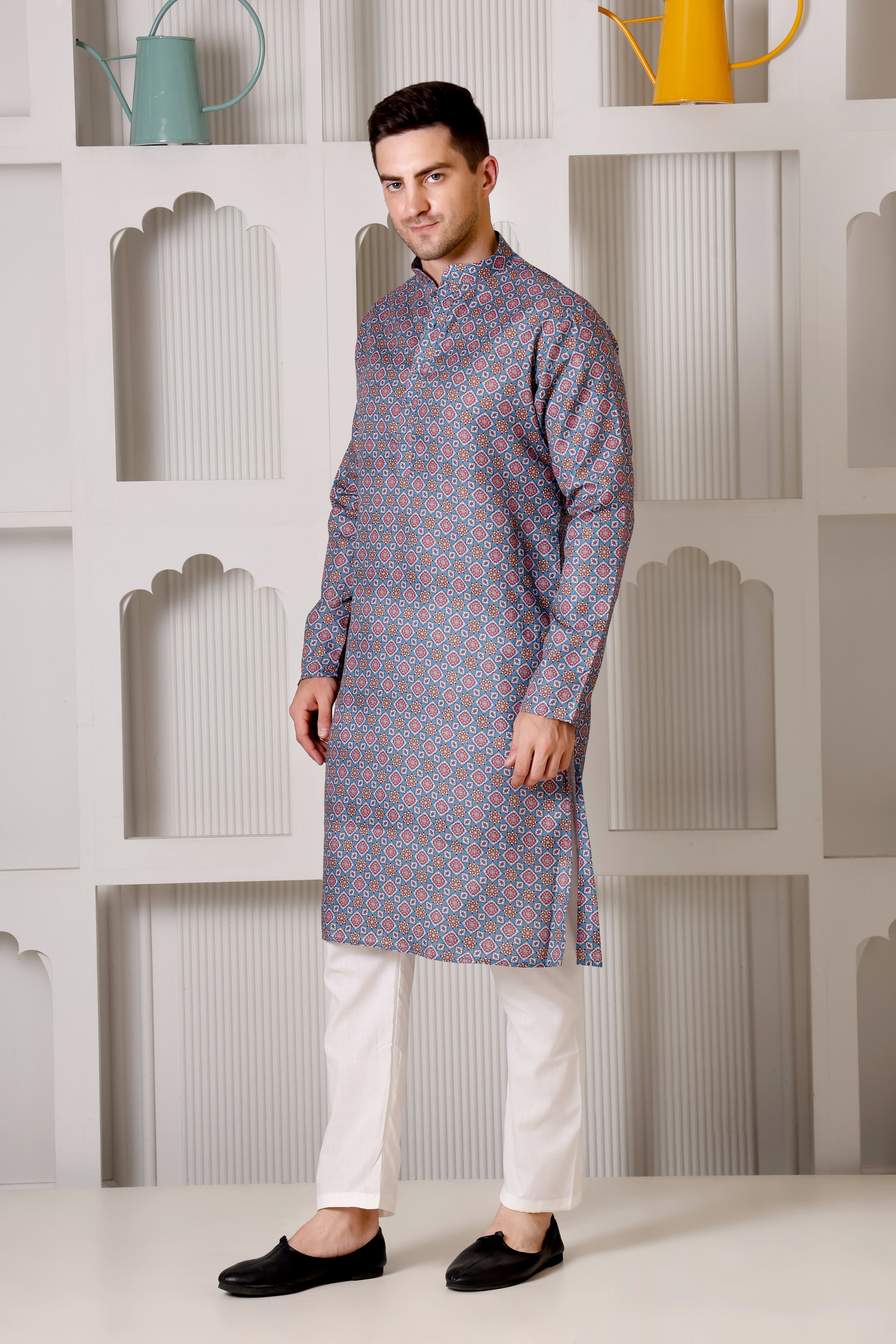 Blue & Maroon Geometric Printed Cotton Kurta Set with White Pajama