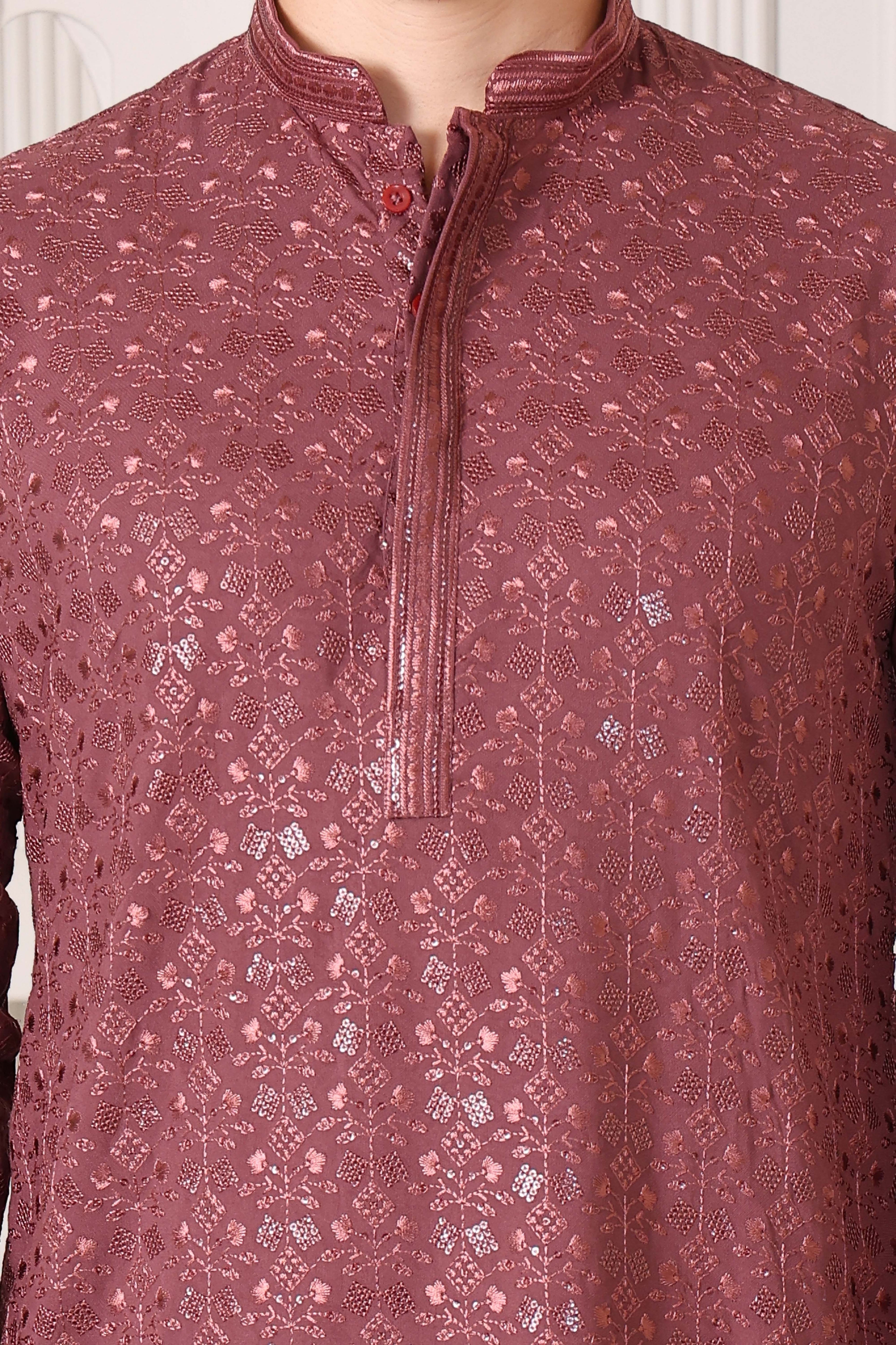 Rose Brown Rayon Cotton Kurta with Embroidery & Sequin Work