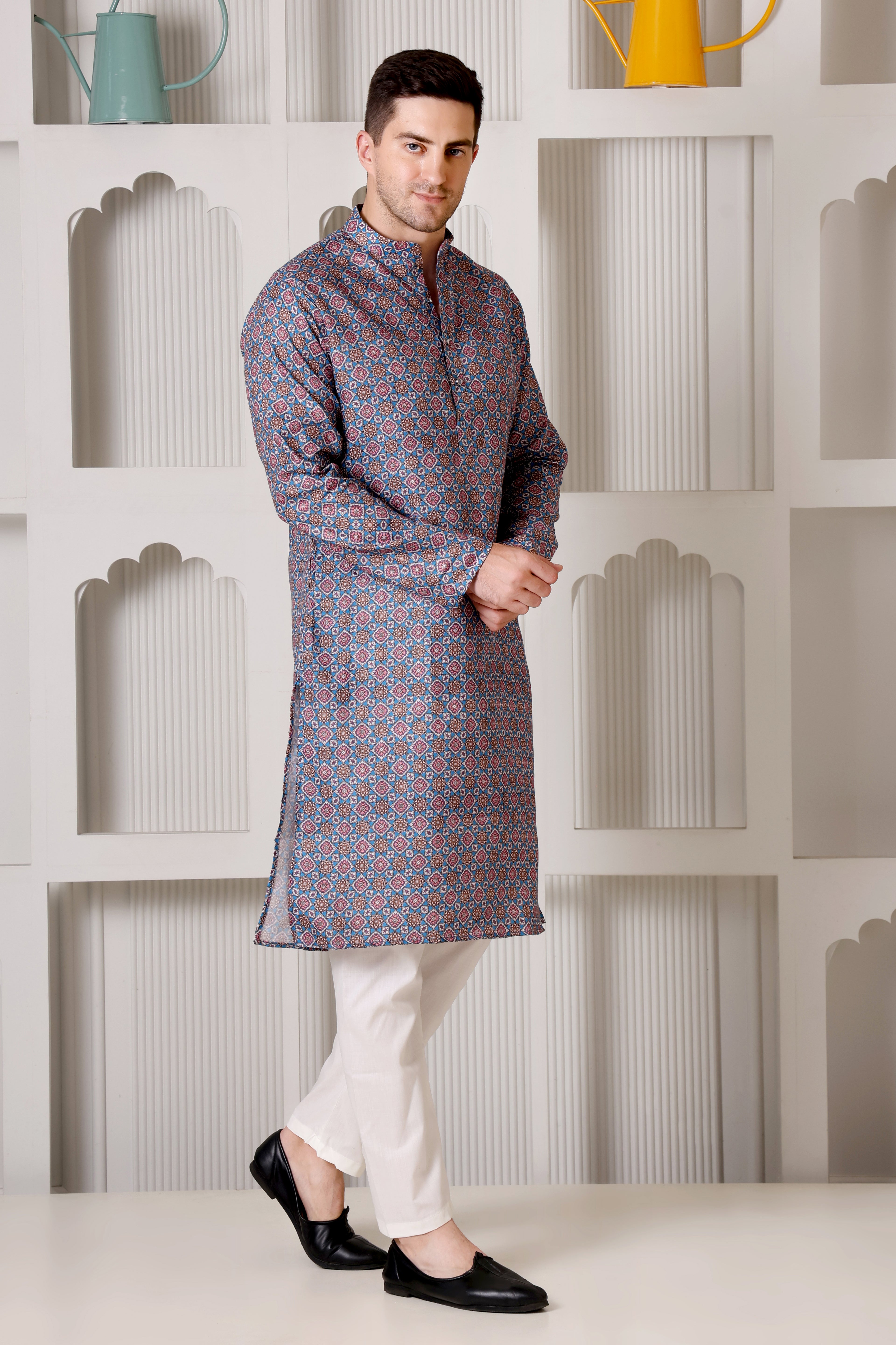 Blue & Maroon Geometric Printed Cotton Kurta Set with White Pajama