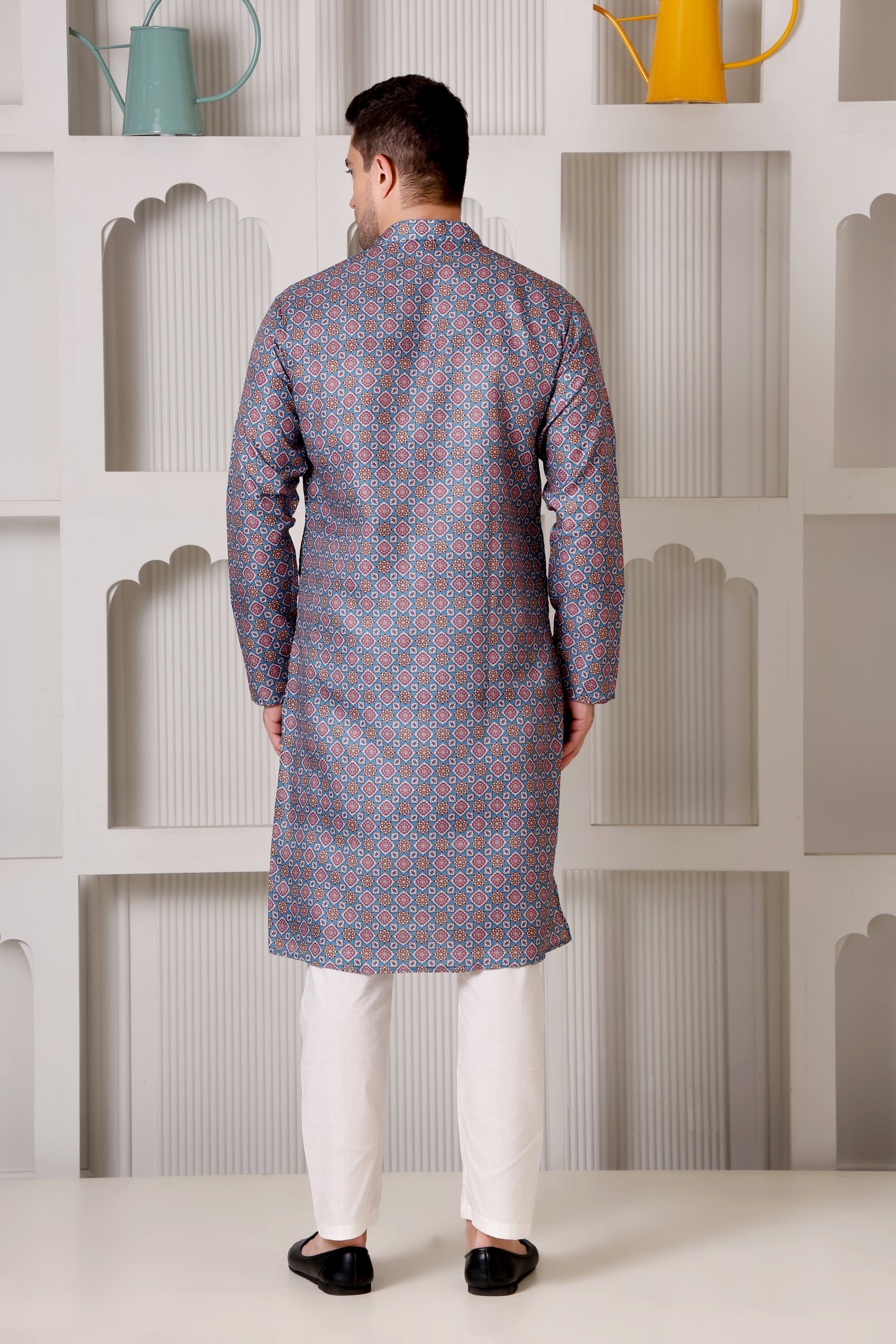 Blue & Maroon Geometric Printed Cotton Kurta Set with White Pajama