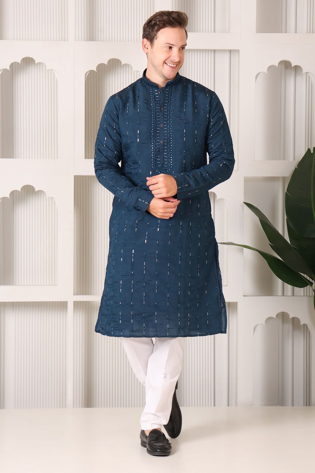 Dark Teal Embroidered Kurta with Mirror & Thread Work – White Pajama Set