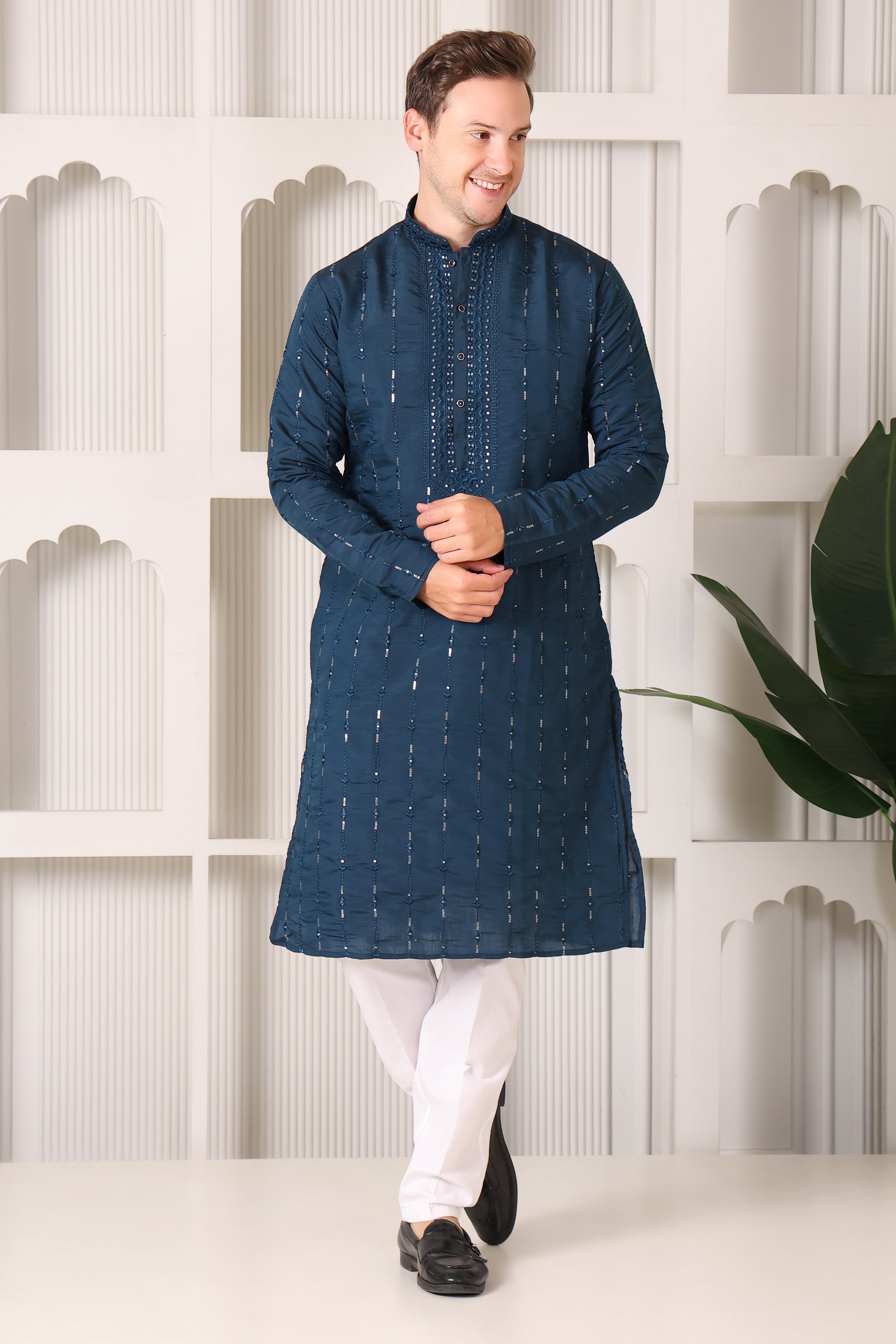 Dark Teal Embroidered Kurta with Mirror & Thread Work – White Pajama Set