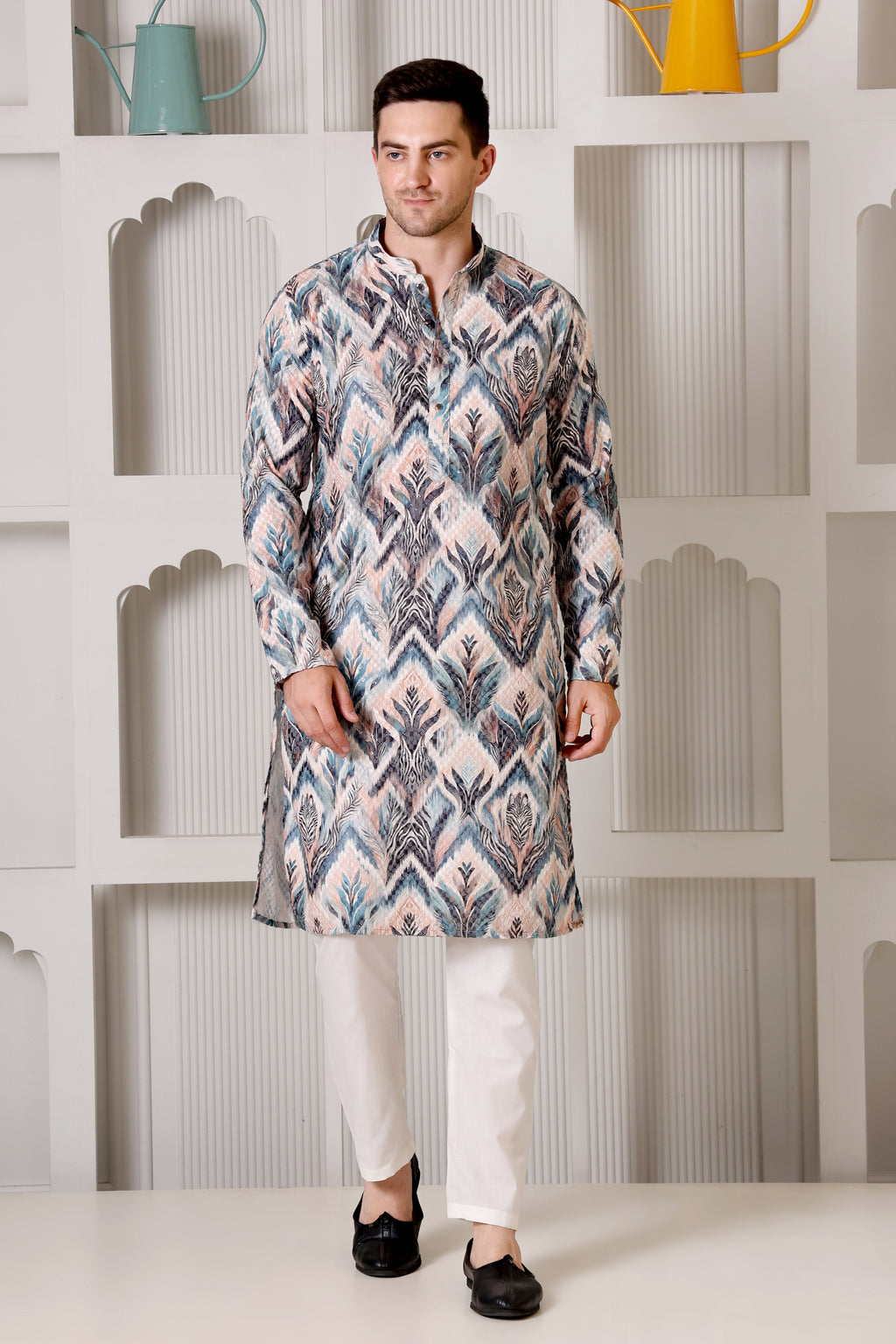 Abstract Pastel & Blue Printed Cotton Kurta Set with White Pajama
