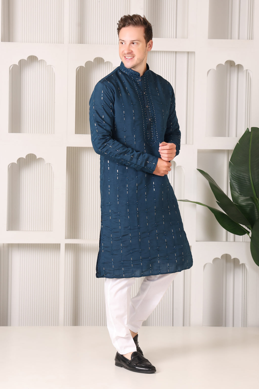 Dark Teal Embroidered Kurta with Mirror & Thread Work – White Pajama Set