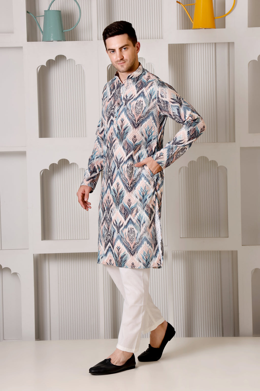 Abstract Pastel & Blue Printed Cotton Kurta Set with White Pajama