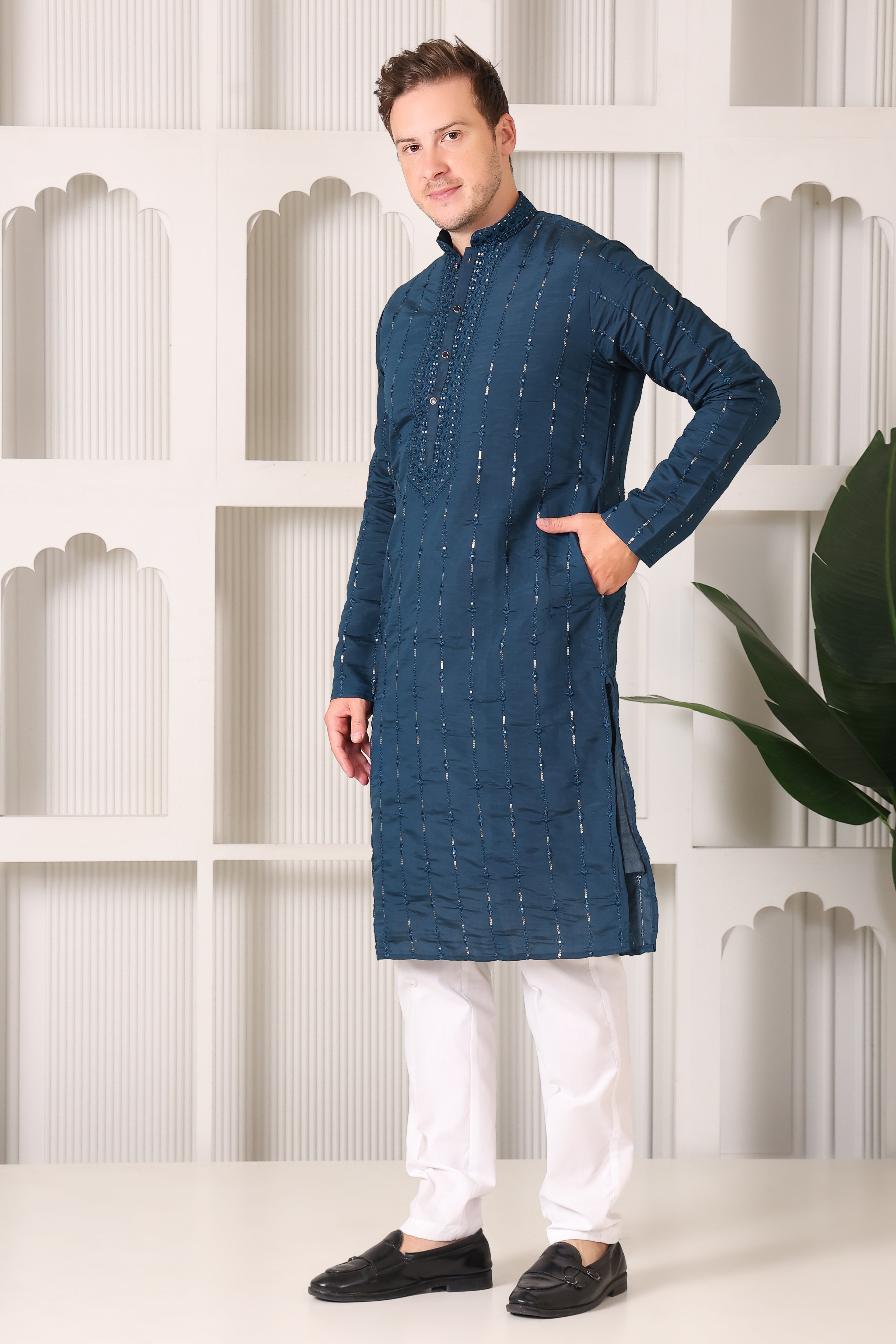 Dark Teal Embroidered Kurta with Mirror & Thread Work – White Pajama Set