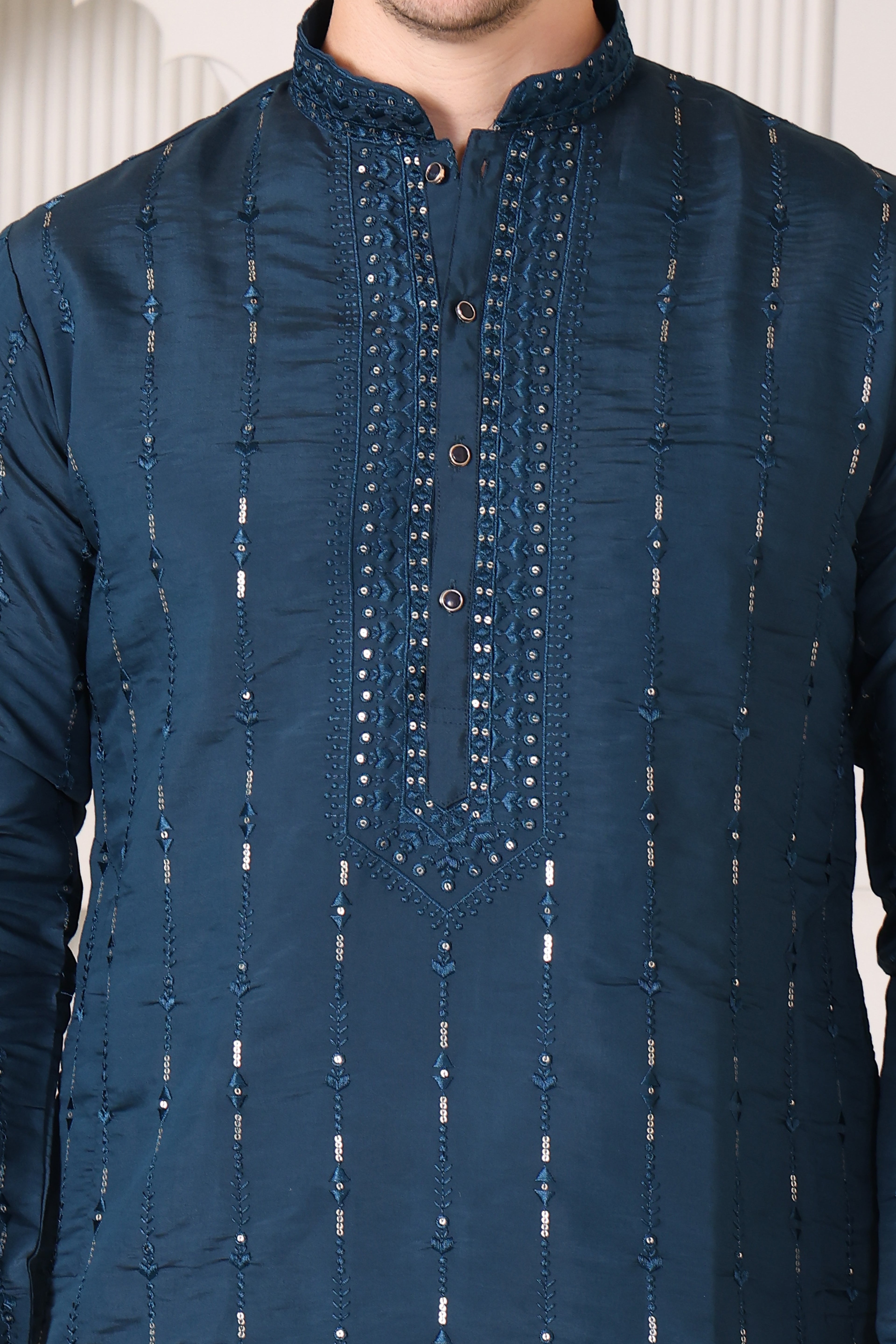 Dark Teal Embroidered Kurta with Mirror & Thread Work – White Pajama Set