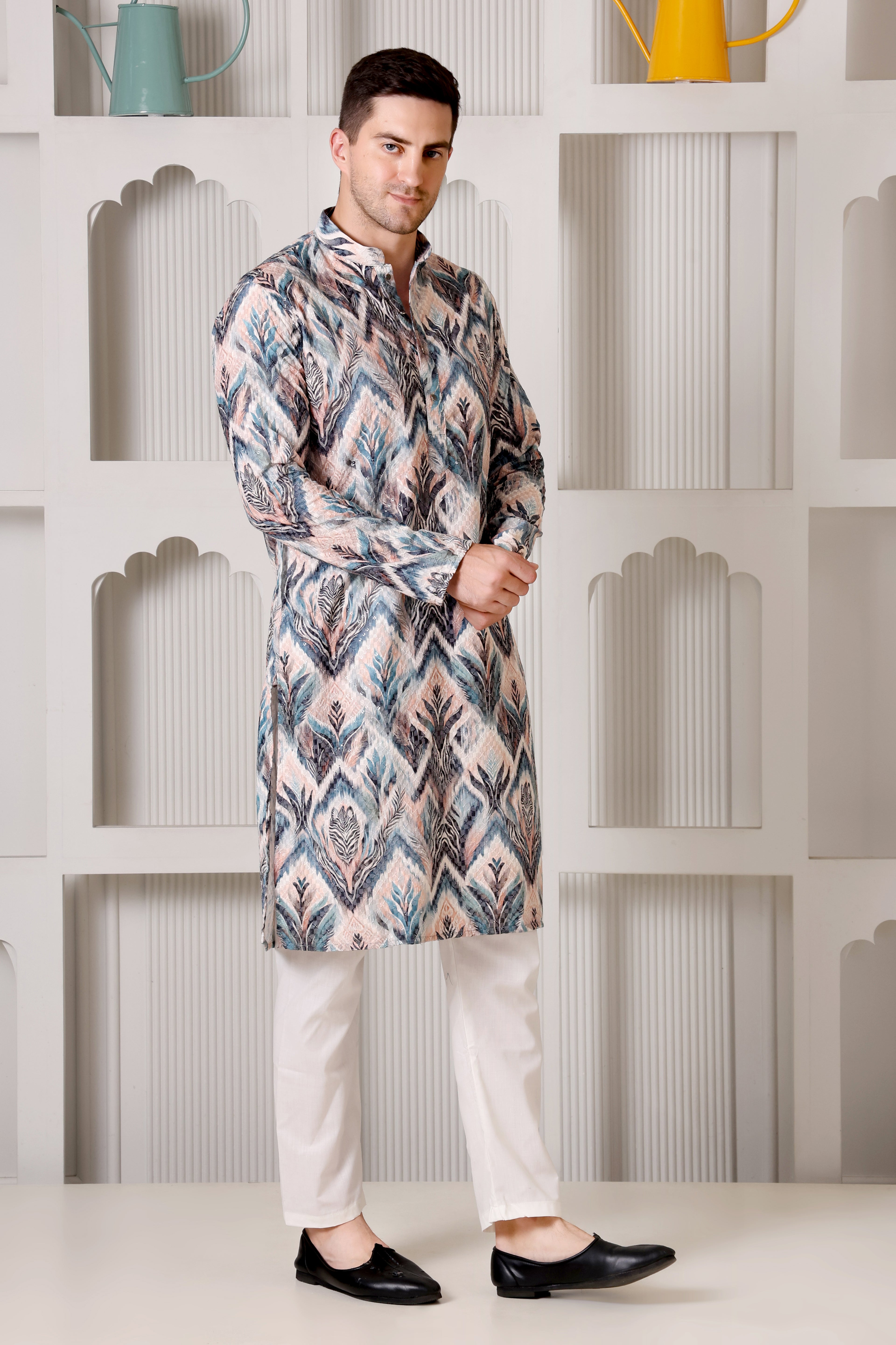 Abstract Pastel & Blue Printed Cotton Kurta Set with White Pajama